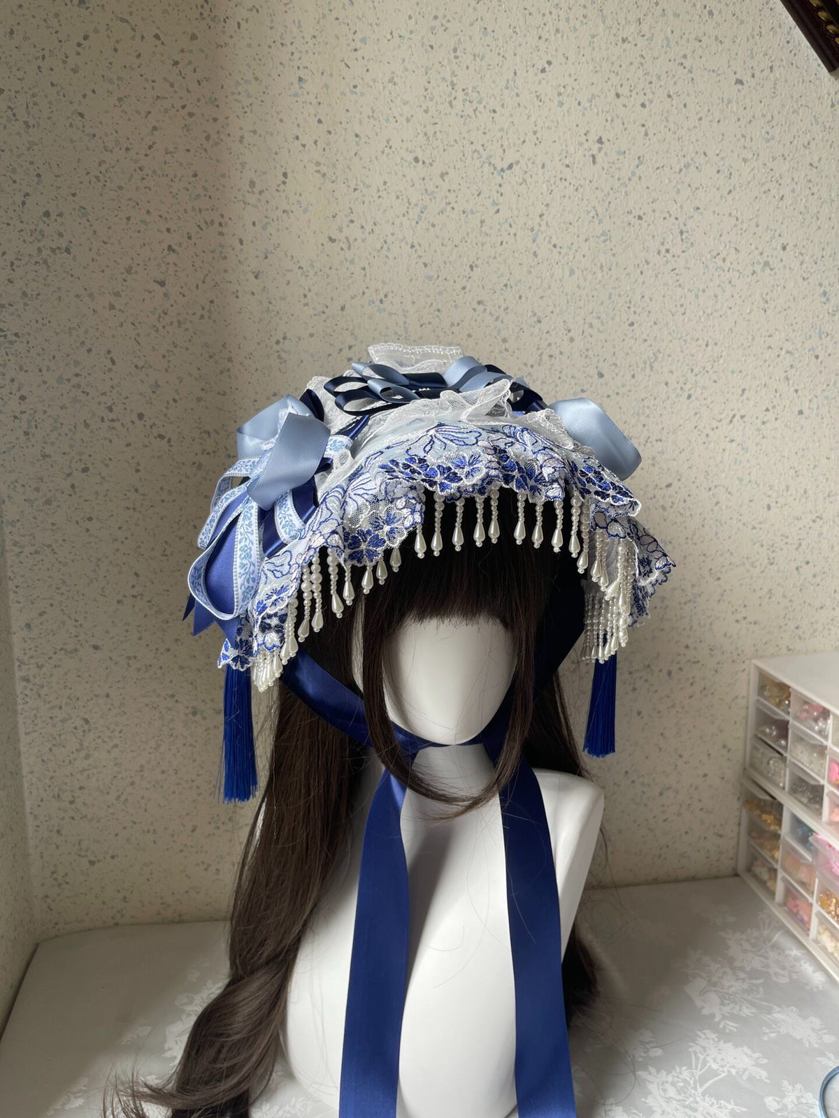 Lolita Blue White Lace Flat Hat Bonnet