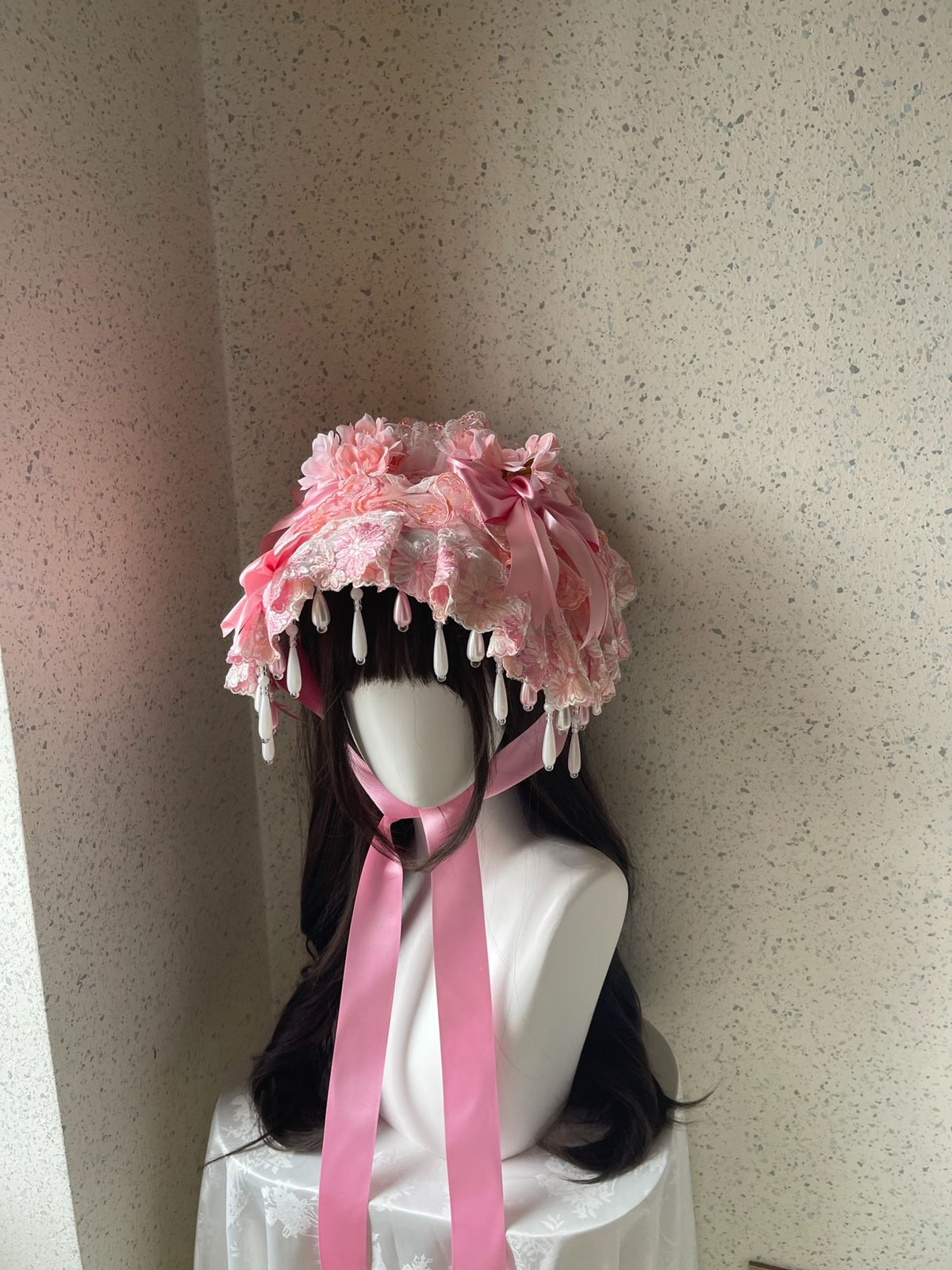 Lolita Pink Lace Bonnet Handmade