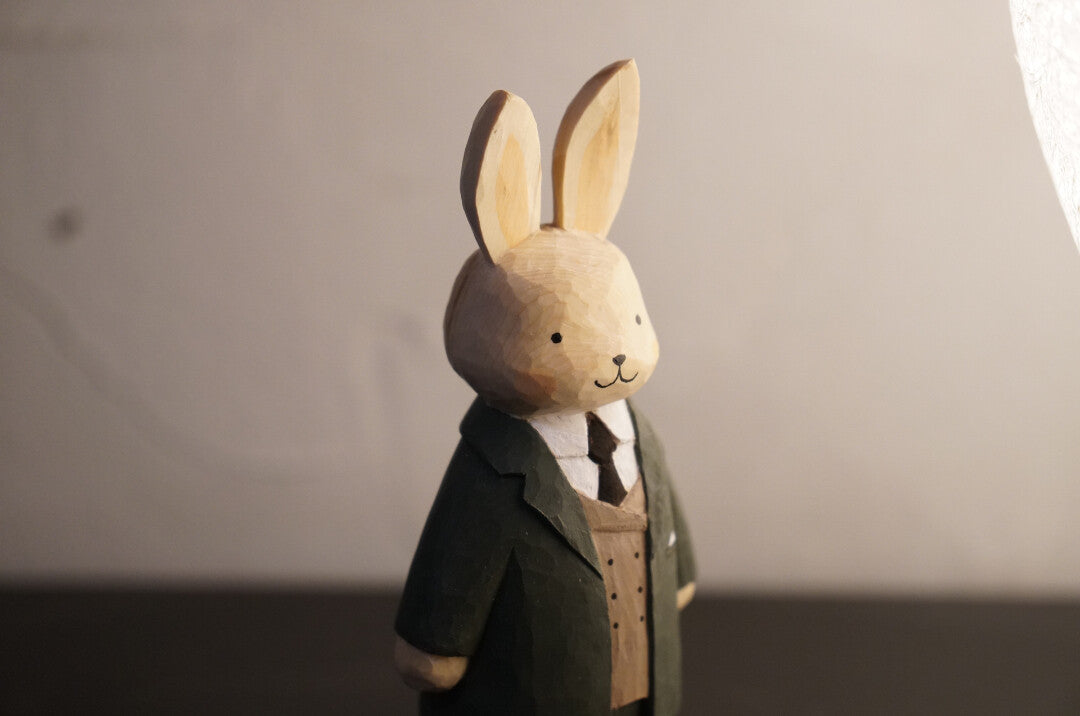 Hand Carved Wooden Rabbit Gentleman Sculpture
