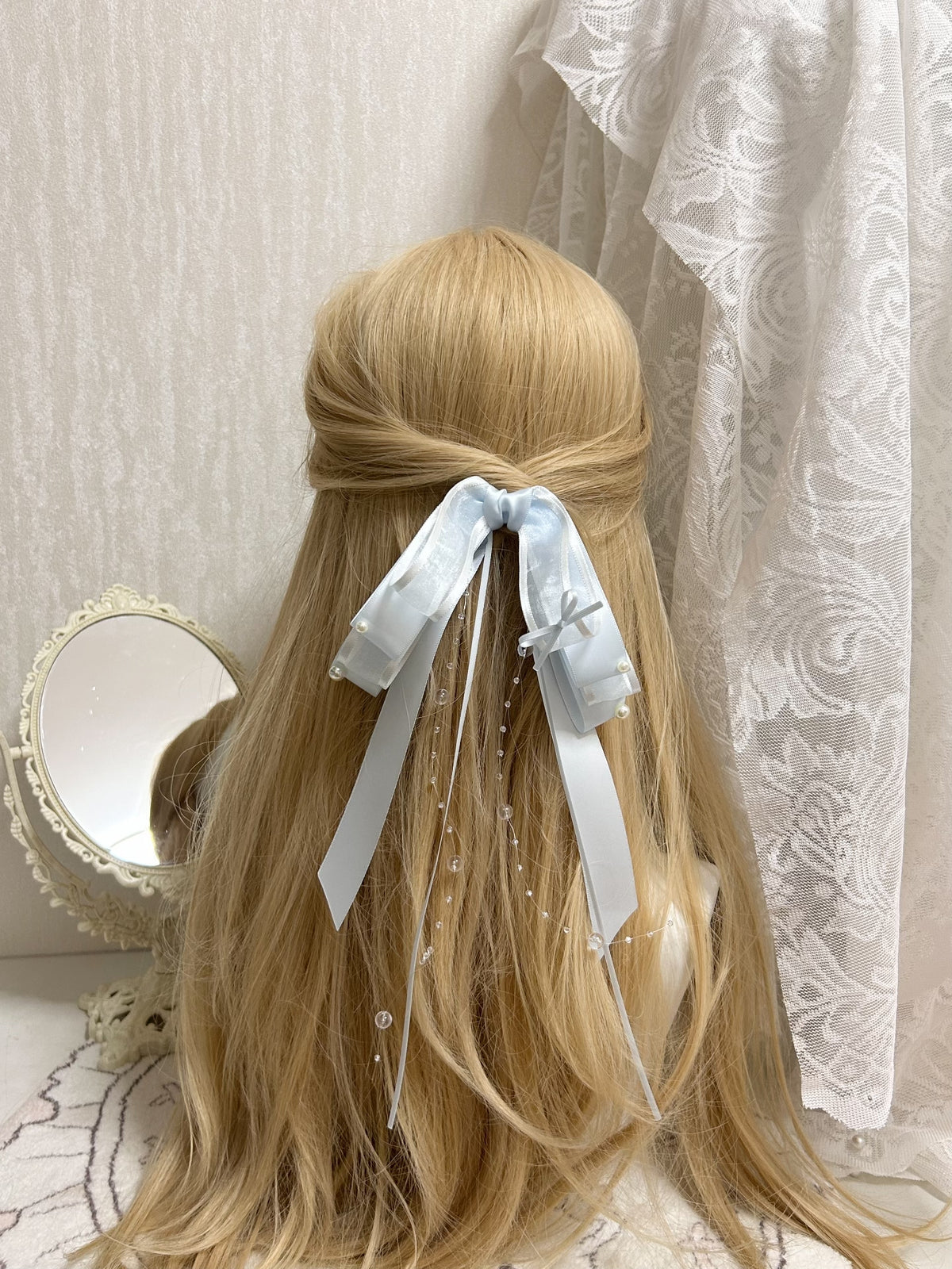 Handmade Lolita Bow Hair Clip with Pearl Beads