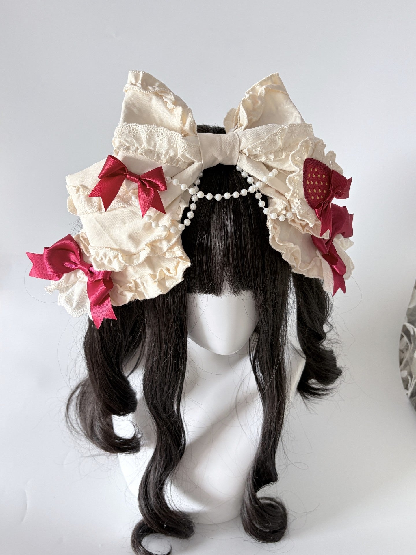 Lolita Cream Bow Headband with Detachable Strawberry Brooch