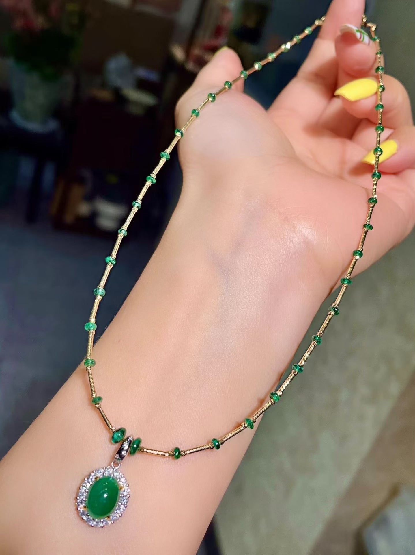 Emerald Cabochon Pendant Necklace with Adjustable Clasp