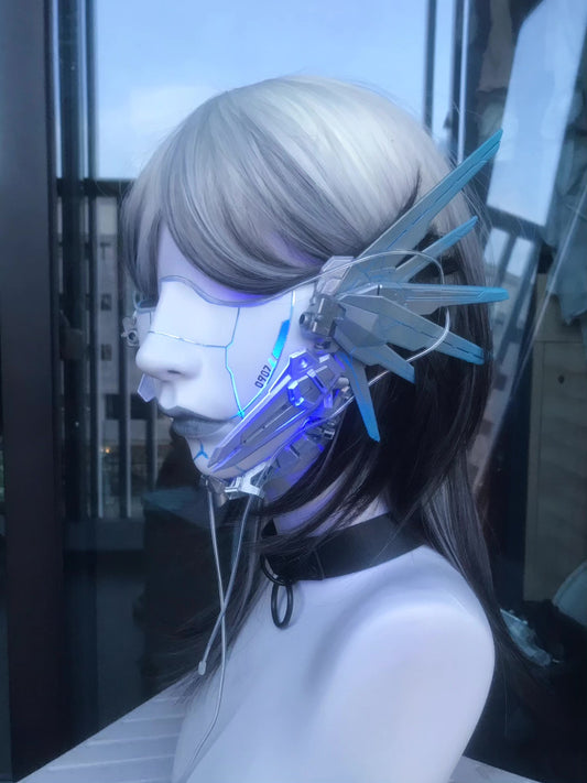 Cyberpunk Half-Face Mask with Cyan Fiber Optic Lighting