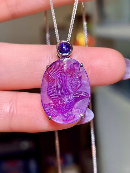 Pt950 Platinum Pendant with Purple Crystal Cameo and Blue Gemstone Accent
