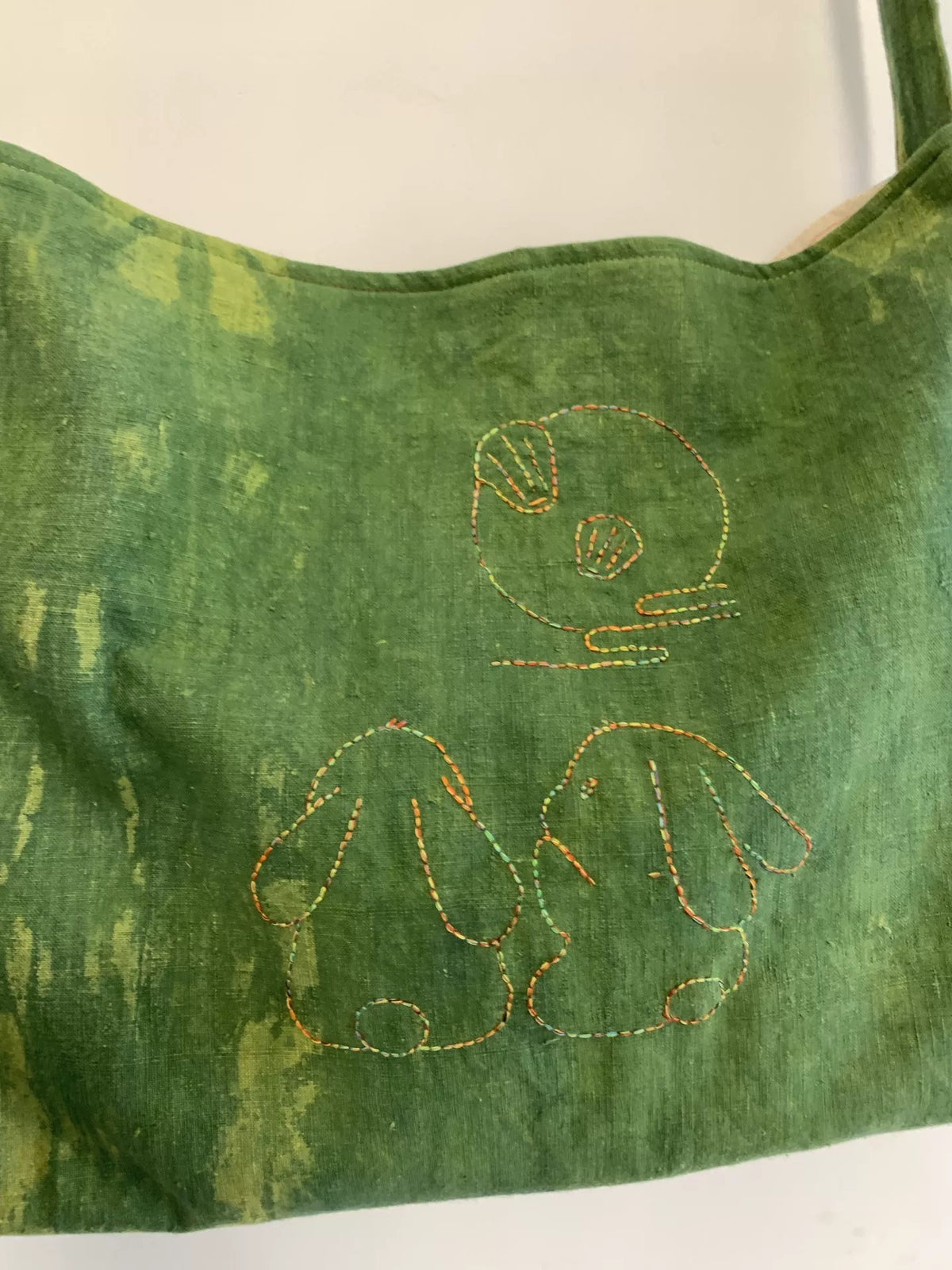 Plant Dyed Woven Cotton Tote with Rabbit Embroidery