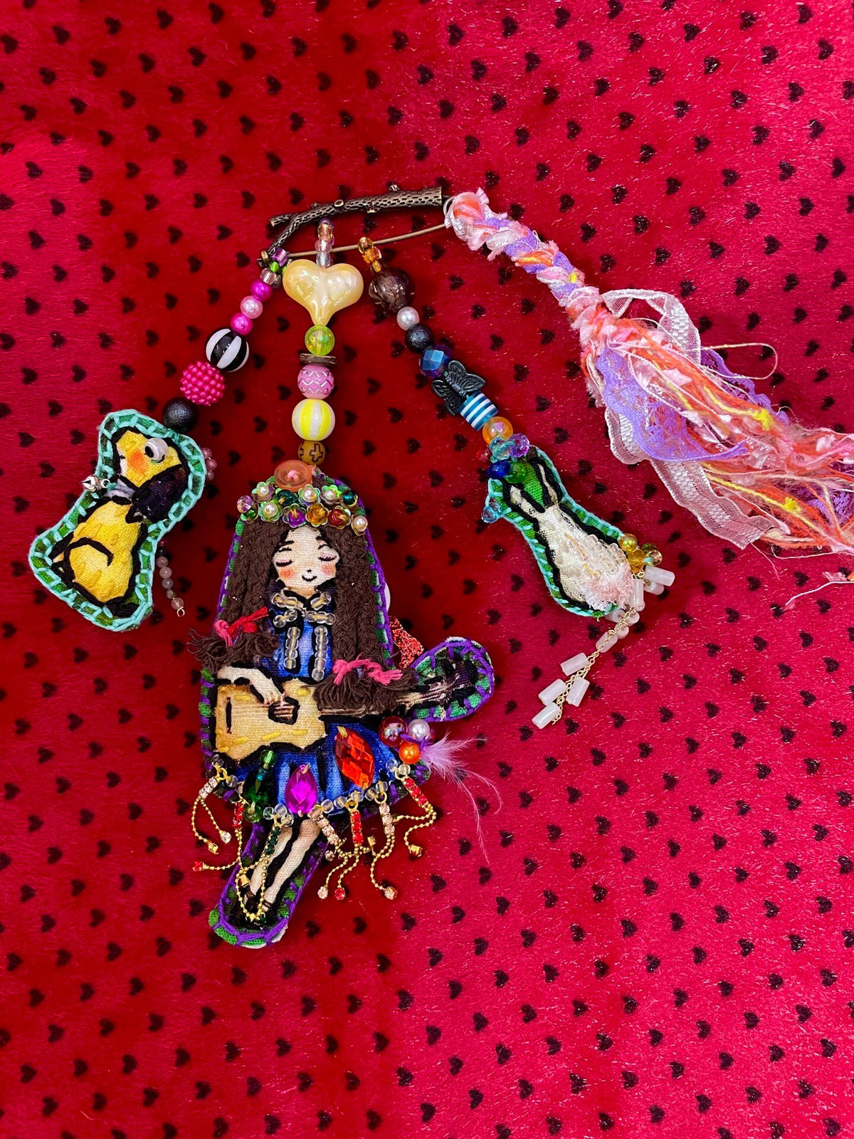 Handmade Fabric Brooch Guitar Girl Pendant