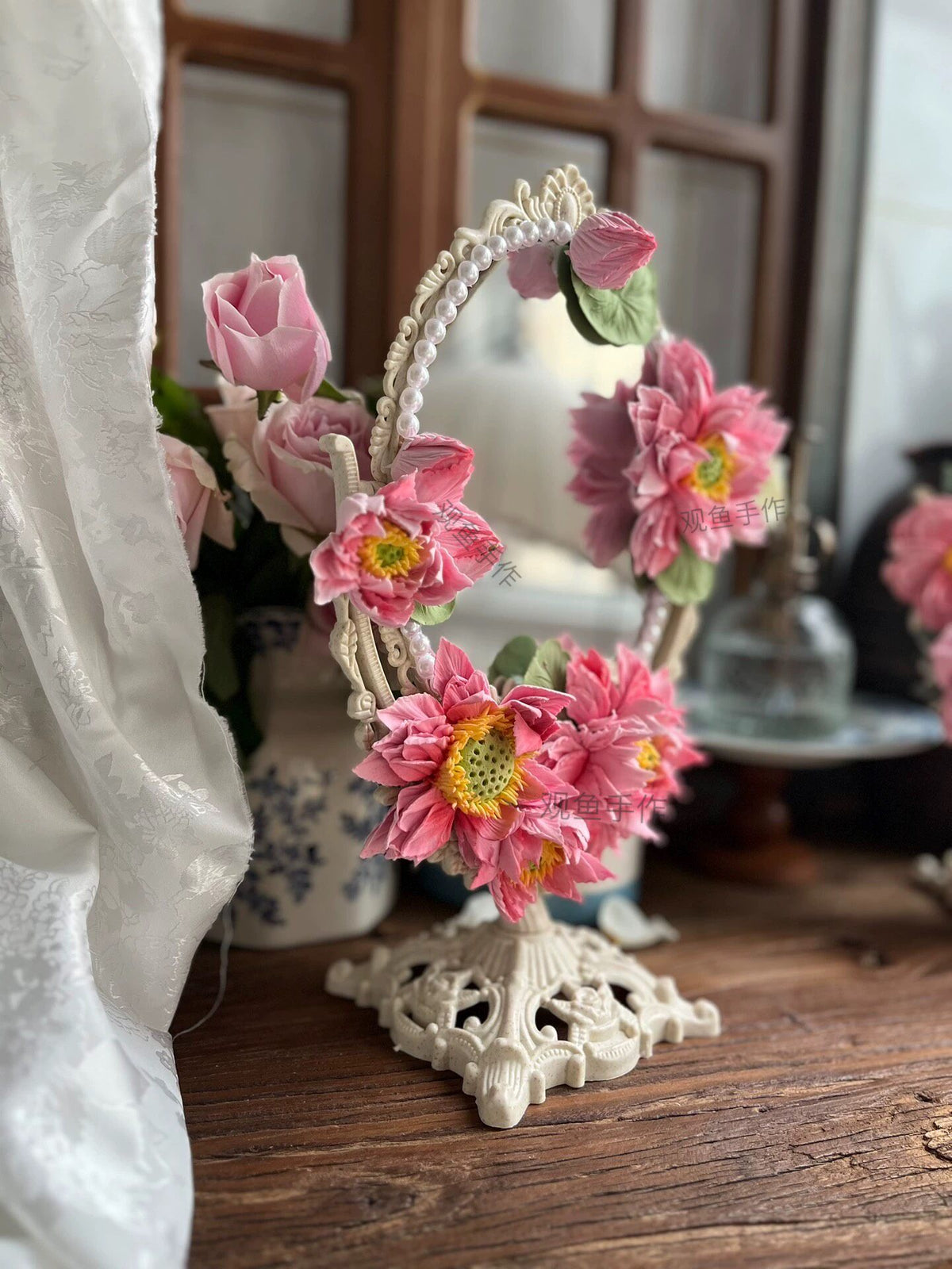 Clay Flower Decorated Oval Mirror