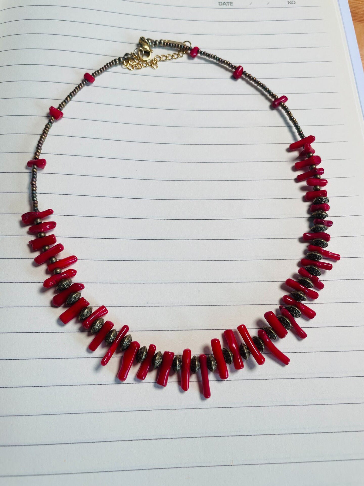 Red Plastic Beaded Necklace with Brass Spacers