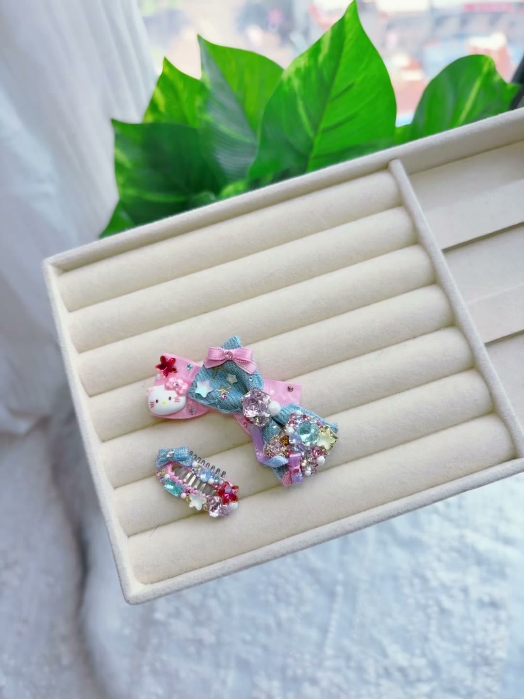 Denim Pet Hair Clips Rhinestone Set