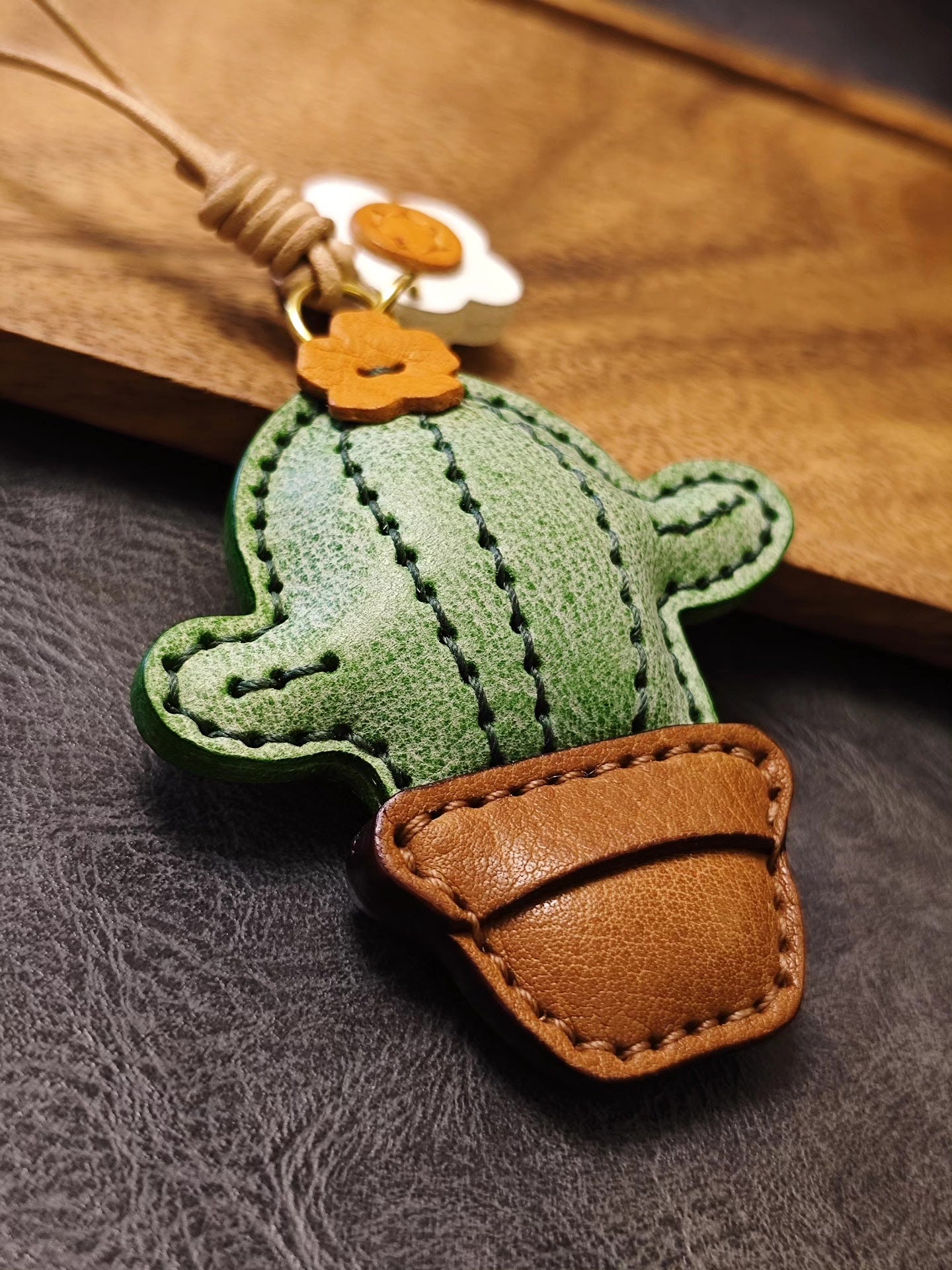 Handcrafted Cactus Leather Keychain with Flower Charms
