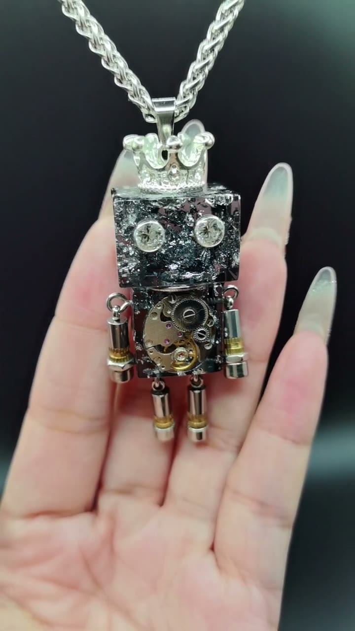 Handmade Punk Robot Pendant Necklace with Crown