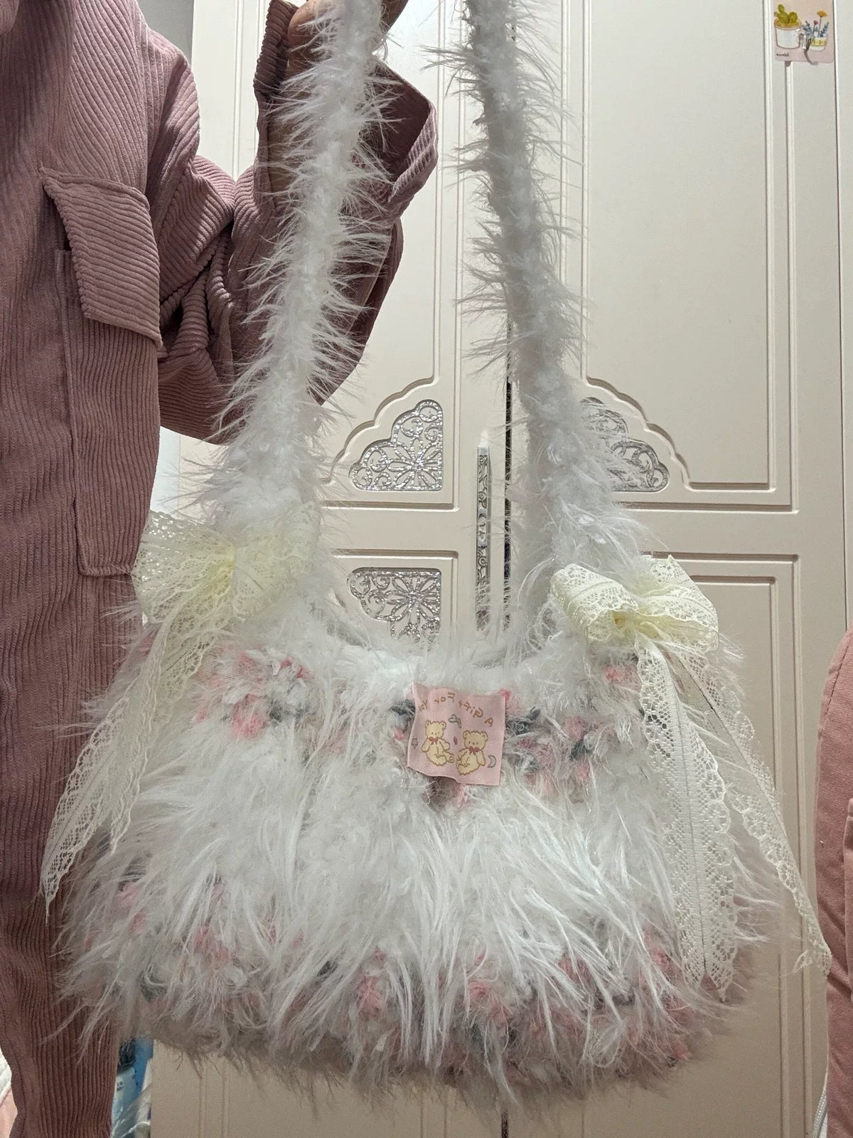 Handmade White Shaggy Shoulder Bag