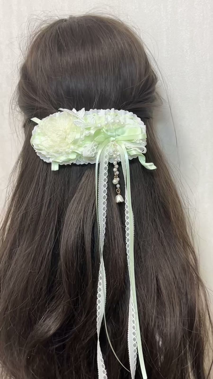 Mint Green Lace Flower Hair Clip with Ribbons