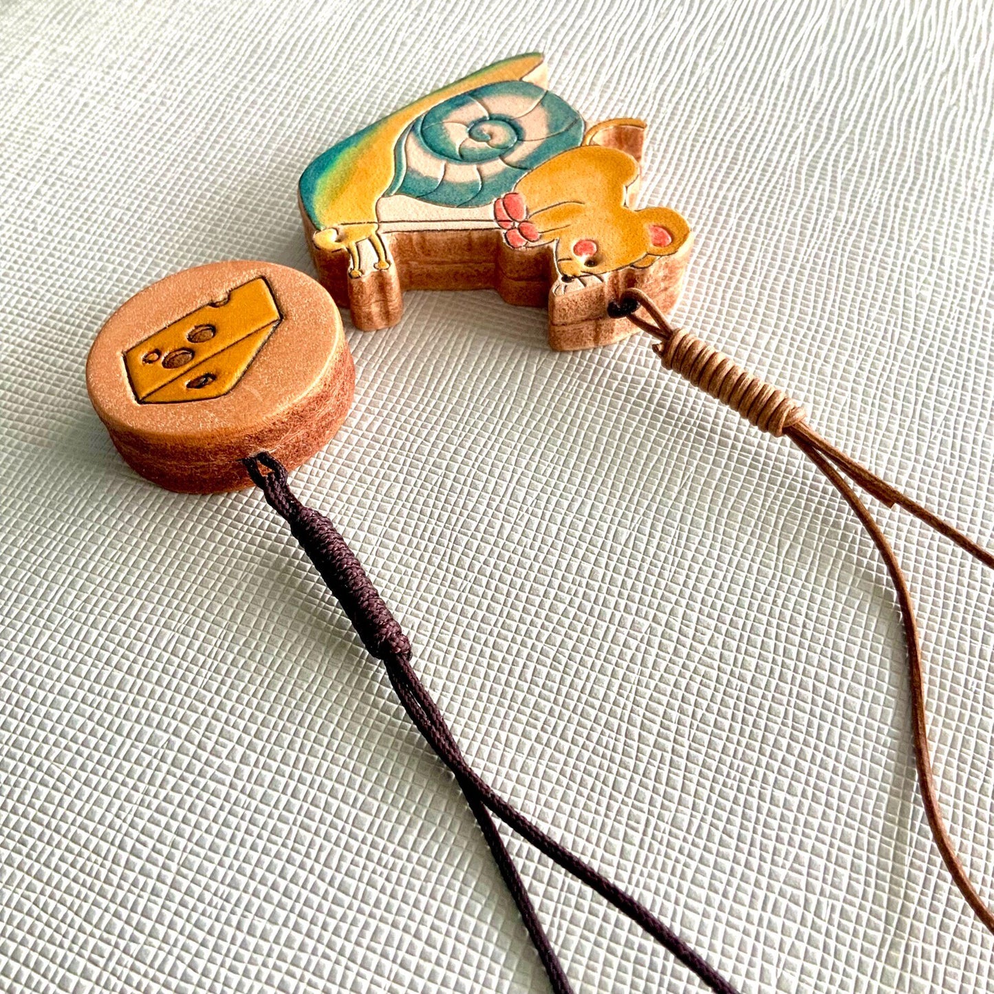 Hand-Carved Leather Mouse on Snail Pendant with Cheese Charm