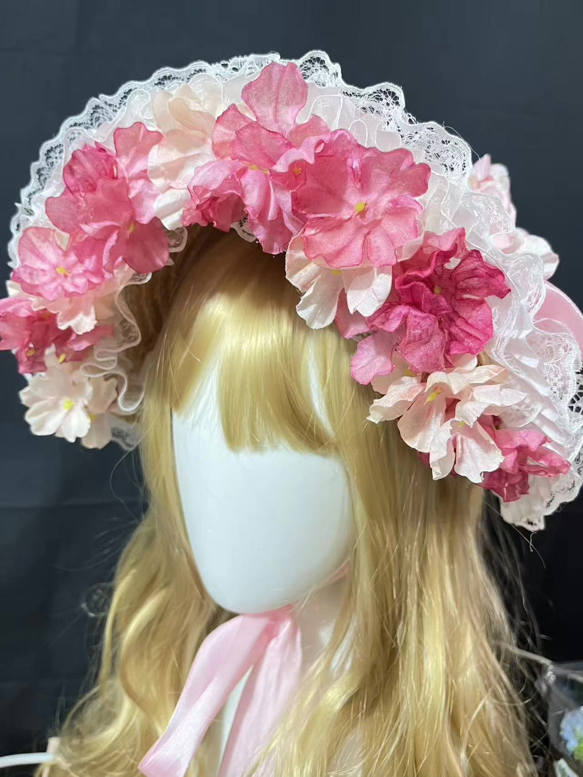 Pink Lolita Bonnet with Floral Lace Trim