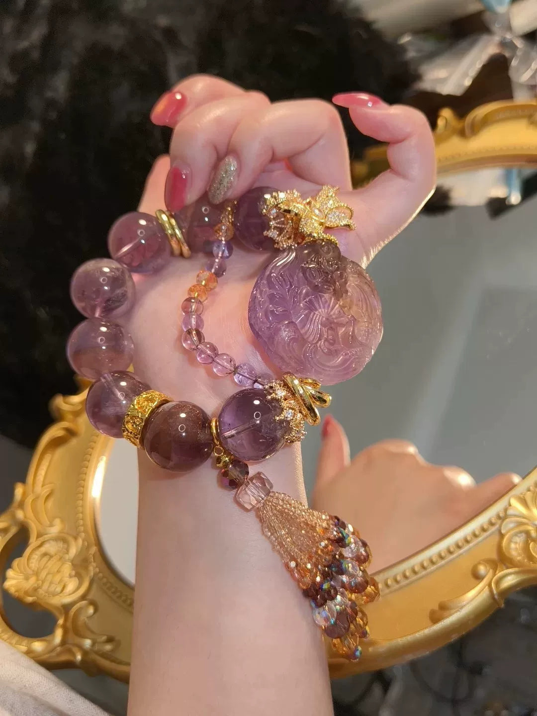 パープル×イエロー クリスタル彫刻チャームブレスレット