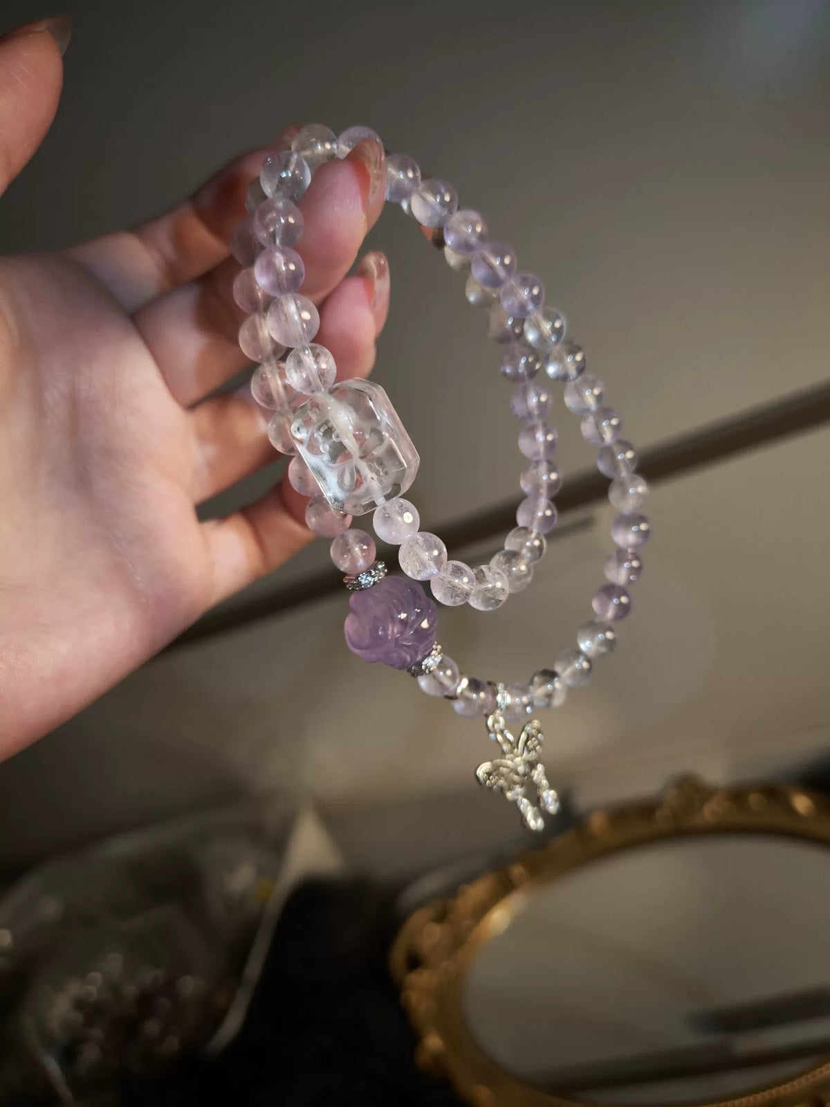 Amethyst White Crystal Fox Bead Bracelet
