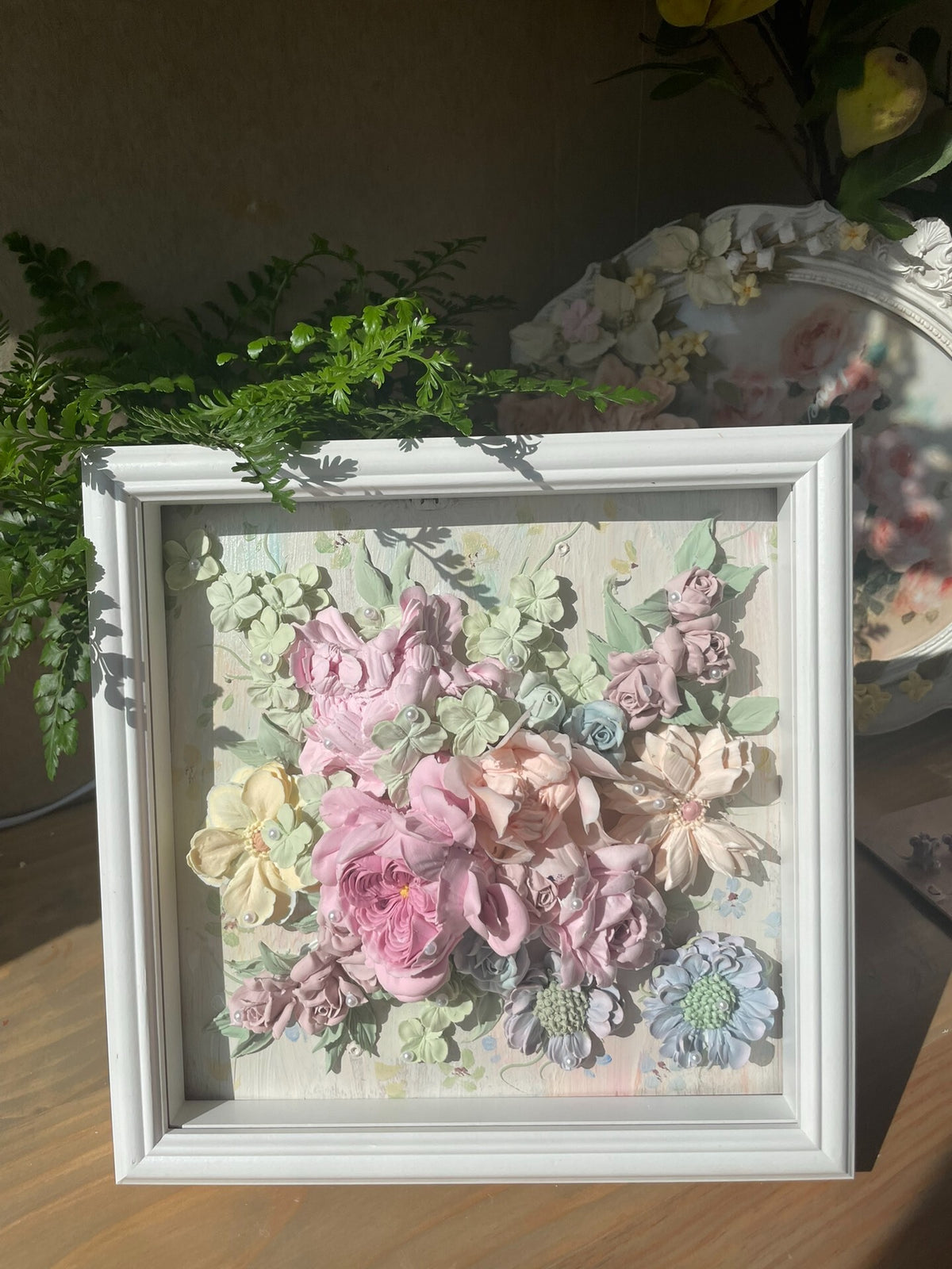 Clay Floral Art in White Square Frame