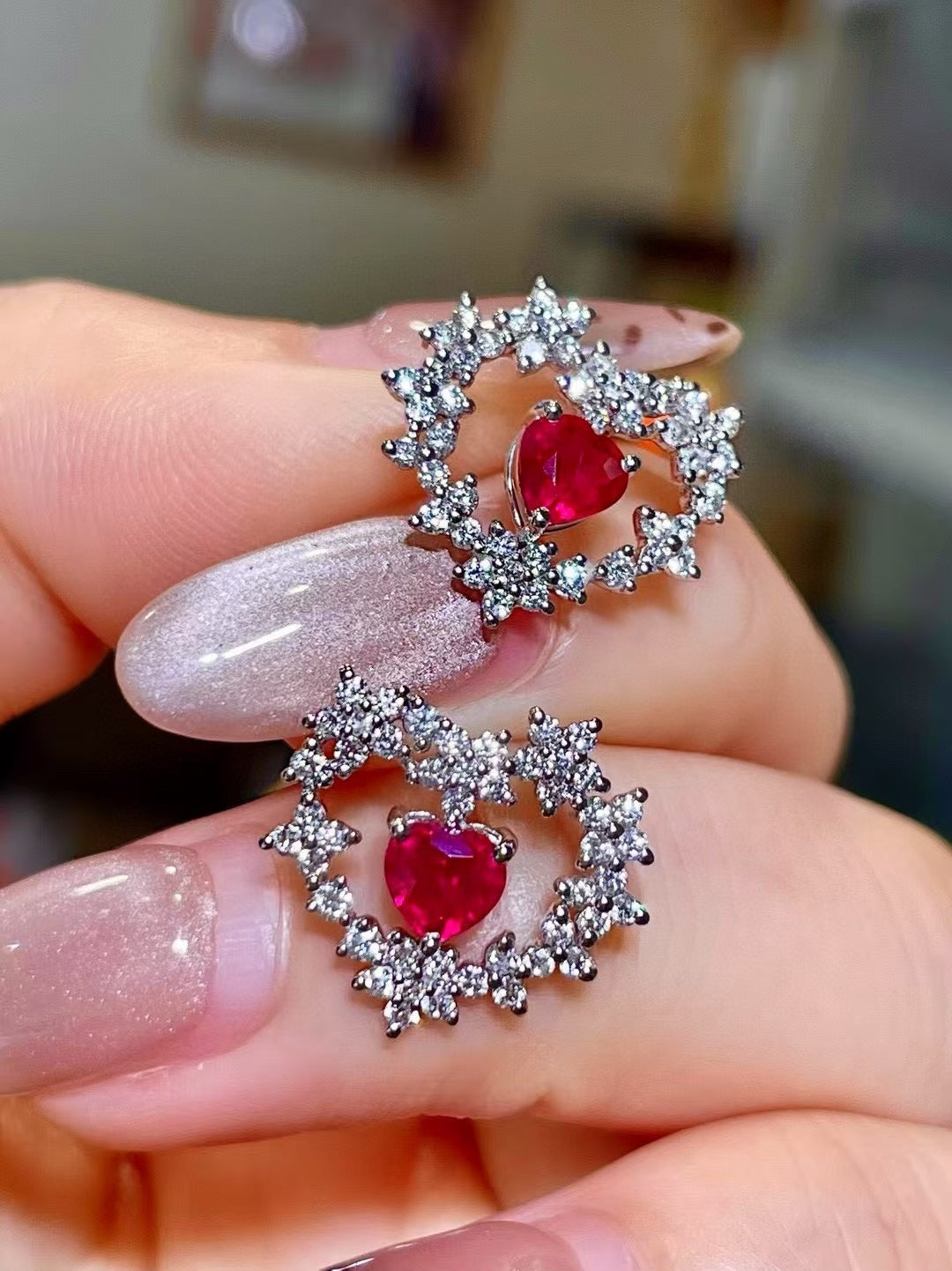18K Gold Heart-Cut Ruby Stud Earrings, 1.03ct Pigeon Blood, GRC Certified