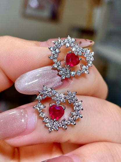 18K Gold Heart-Cut Ruby Stud Earrings, 1.03ct Pigeon Blood, GRC Certified