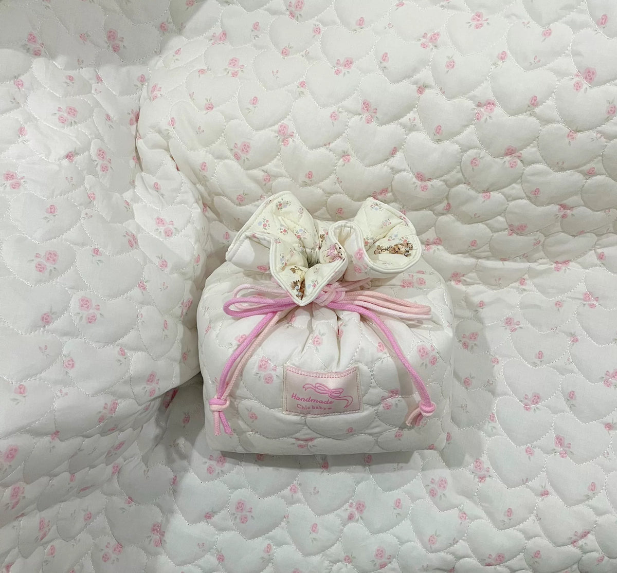 Quilted Heart Rose Drawstring Pouch