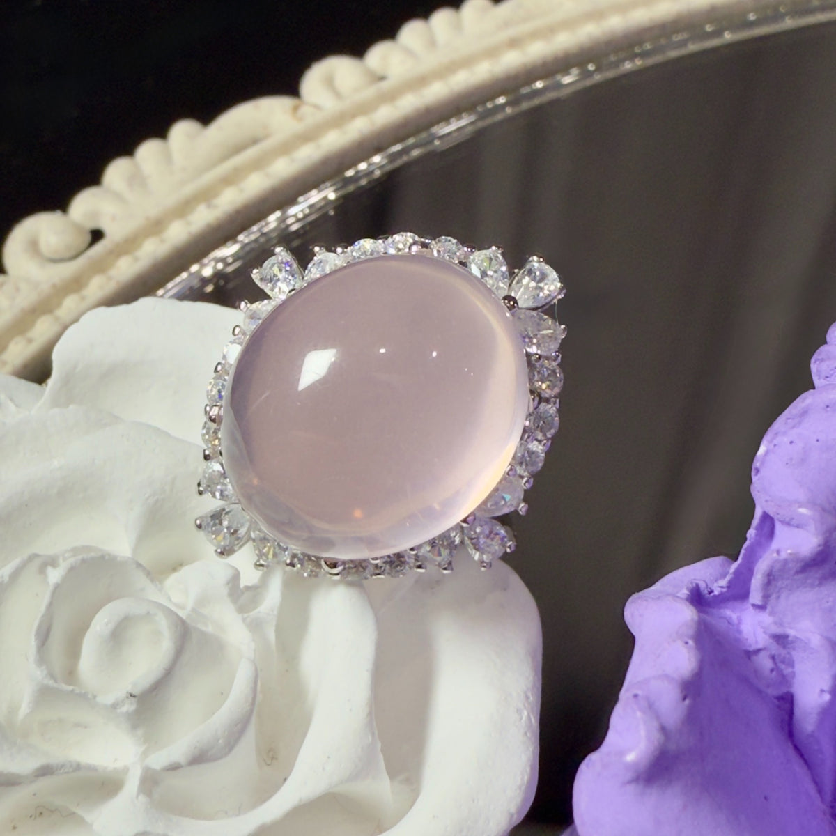 Pink Crystal Cabochon 925 Silver Ring