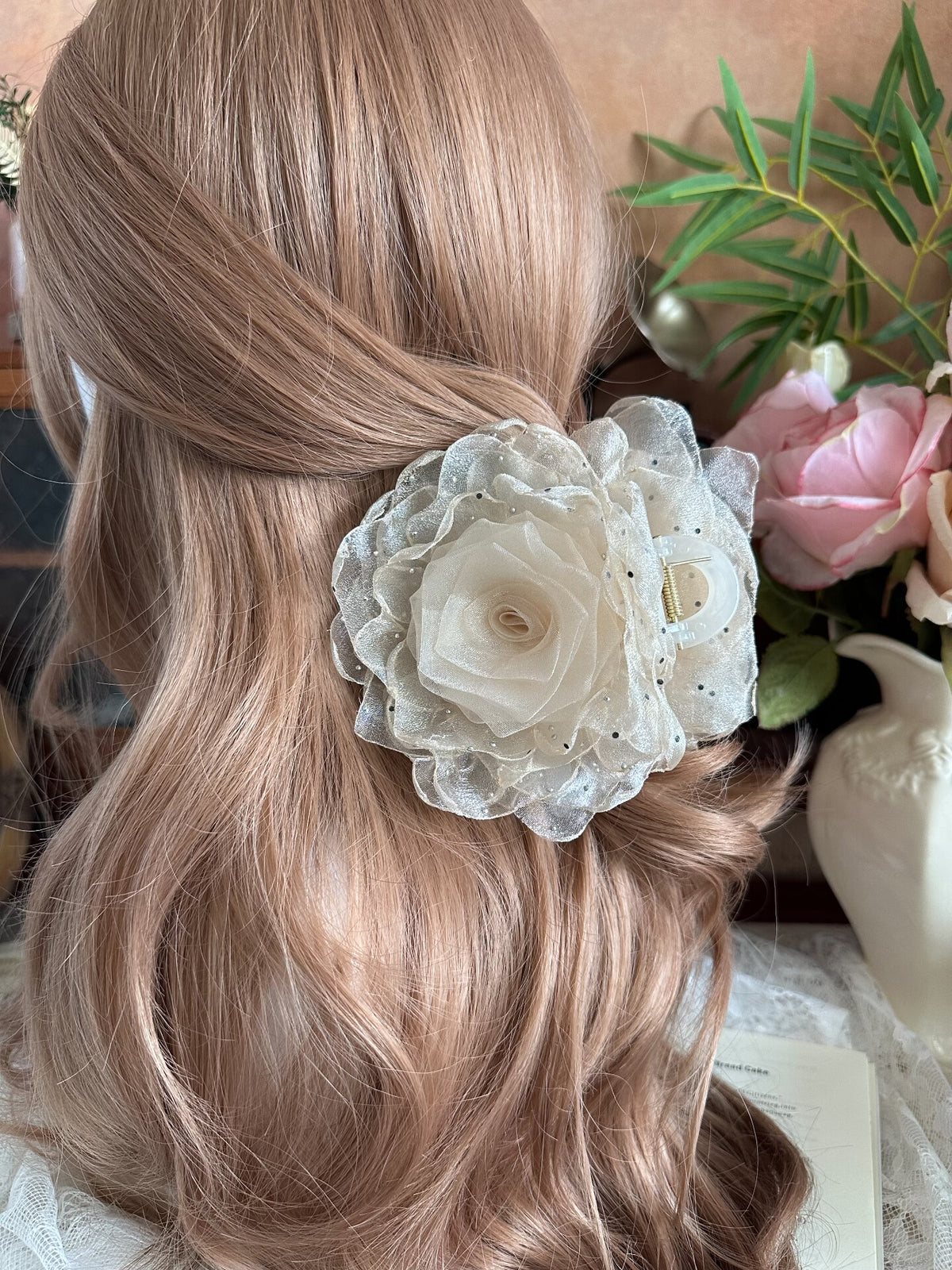 Handcrafted Organza Rose Hair Claw Clip
