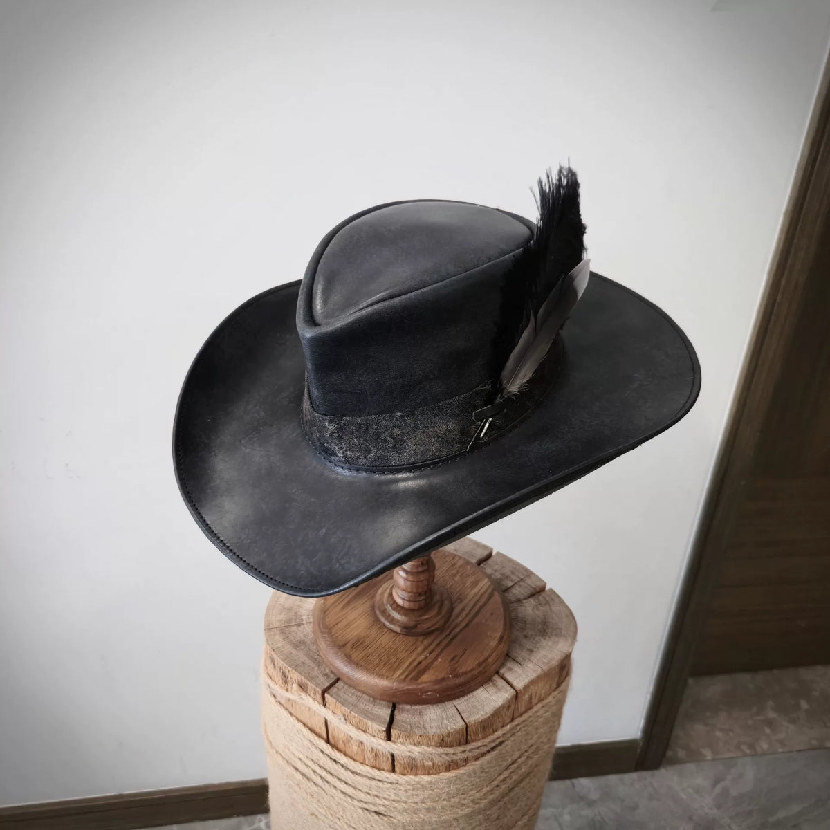 Handmade Black Leather Western Cowboy Hat