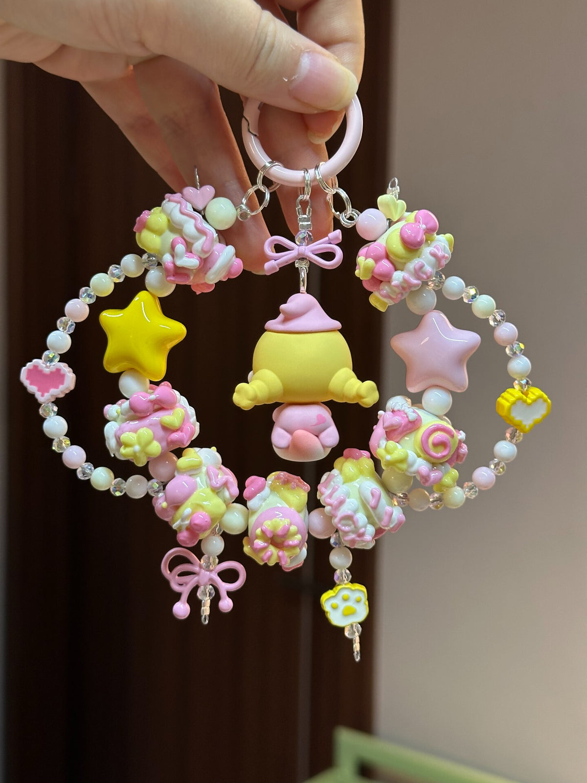 Pink Yellow Hand Painted Beaded Keychain