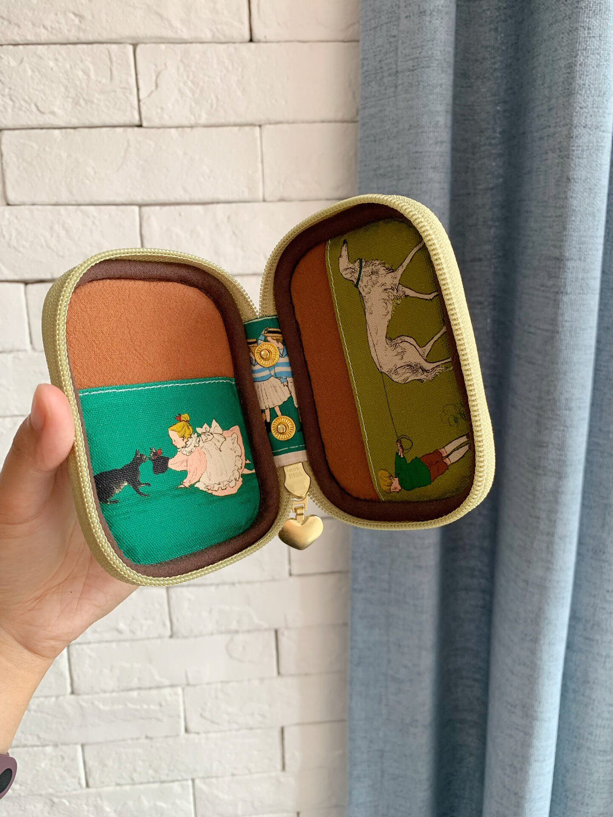 Book-Shaped Zippered Pouch with Vintage Illustration