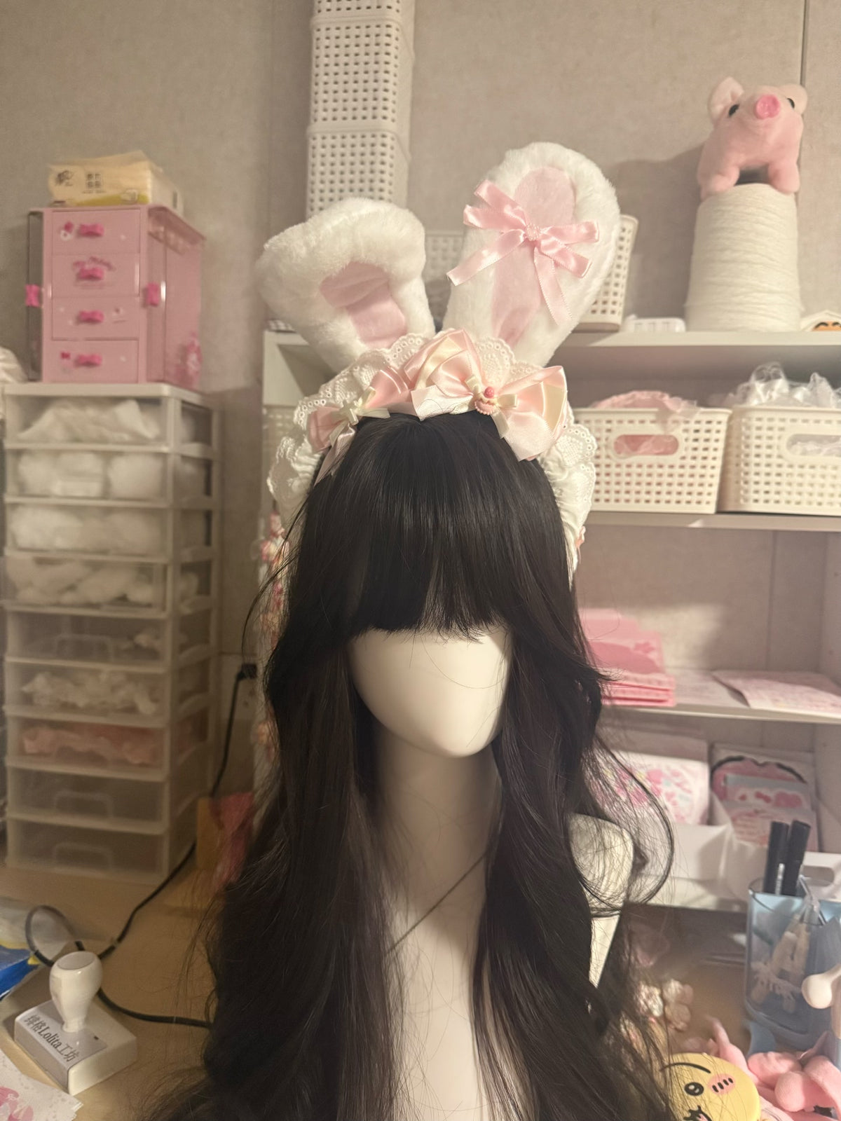 Pink Bow Bunny Ear Headband with White Lace