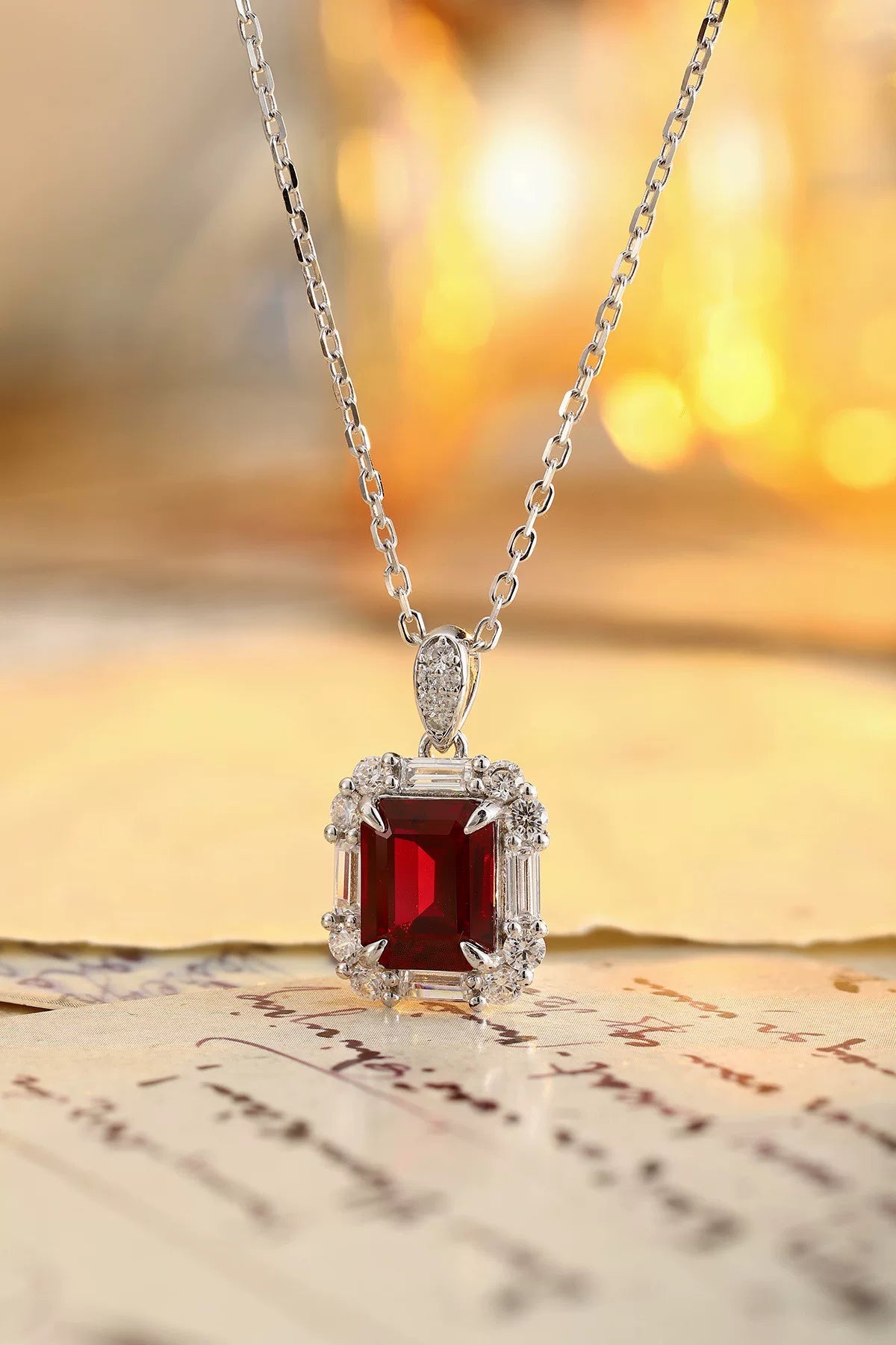 S925 Silver Emerald-Cut Lab-Grown Ruby Pendant Necklace