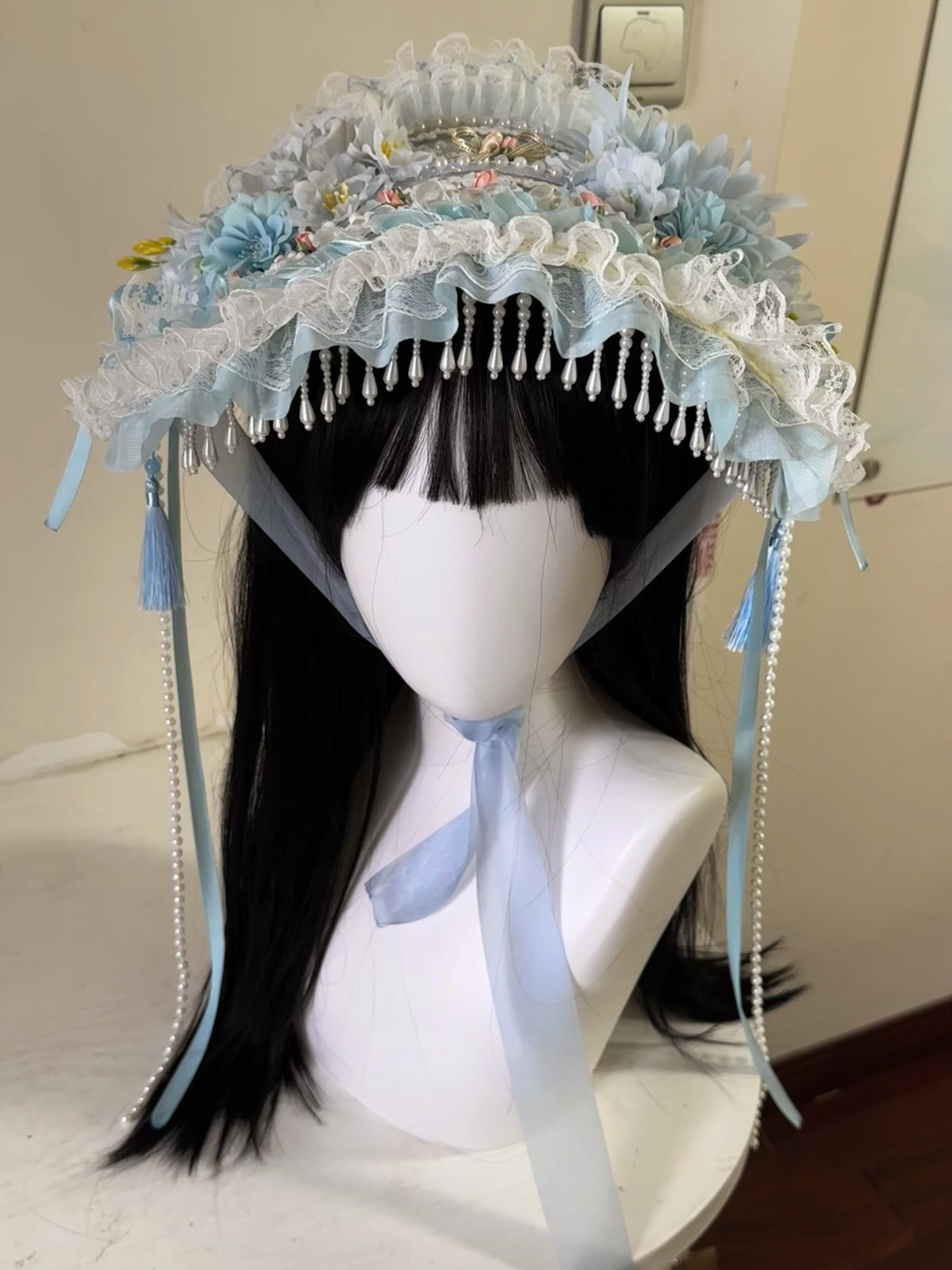 Blue Bonnet Flat Hat with Pearl Trim