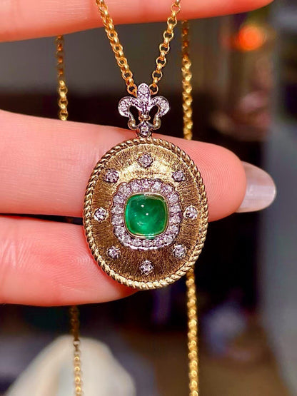 18K Gold Emerald and Diamond Pendant with Cushion-Cut 0.87-Carat Emerald