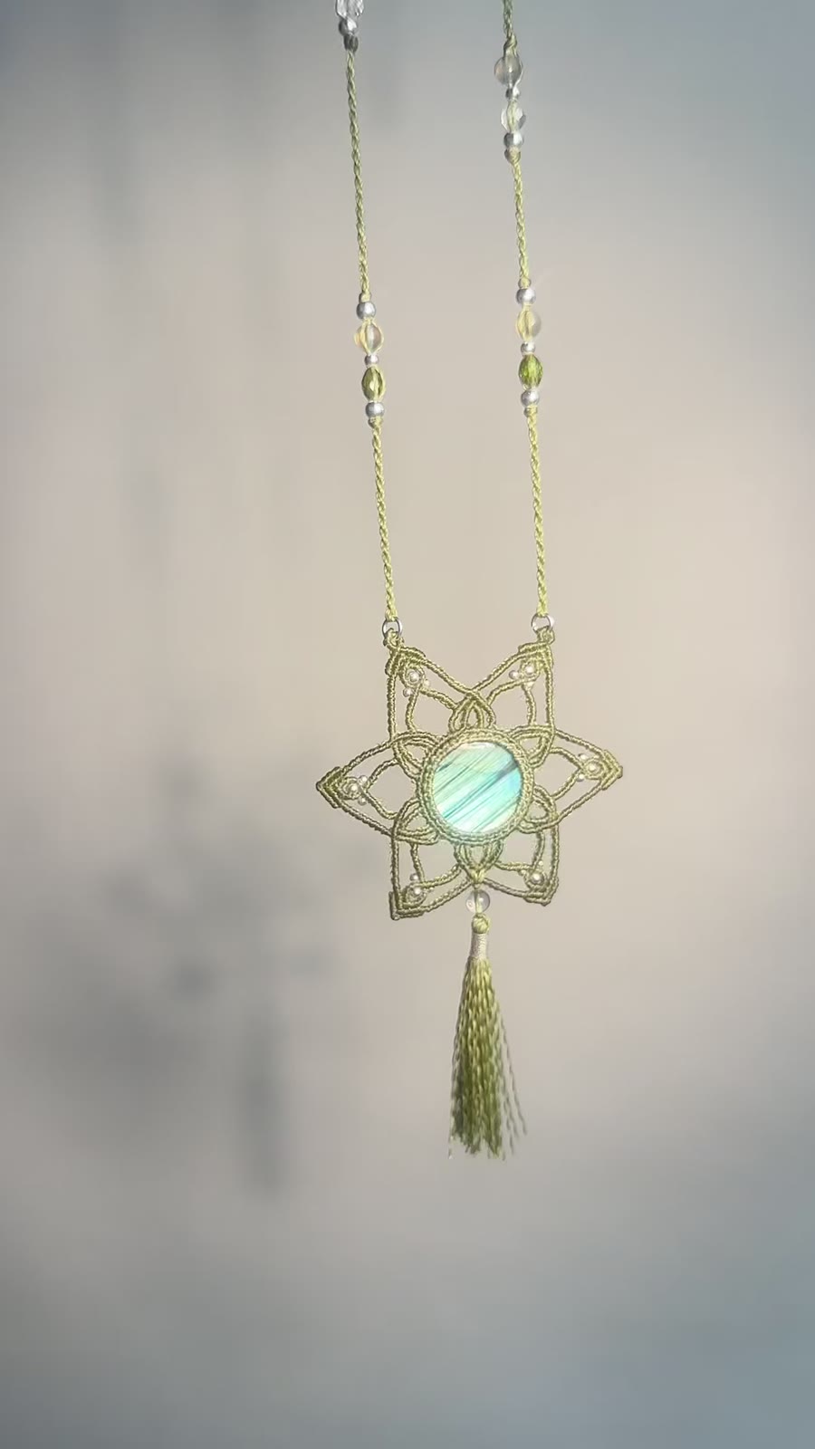 Handmade Labradorite Macrame Pendant Necklace with Olive Green Cord