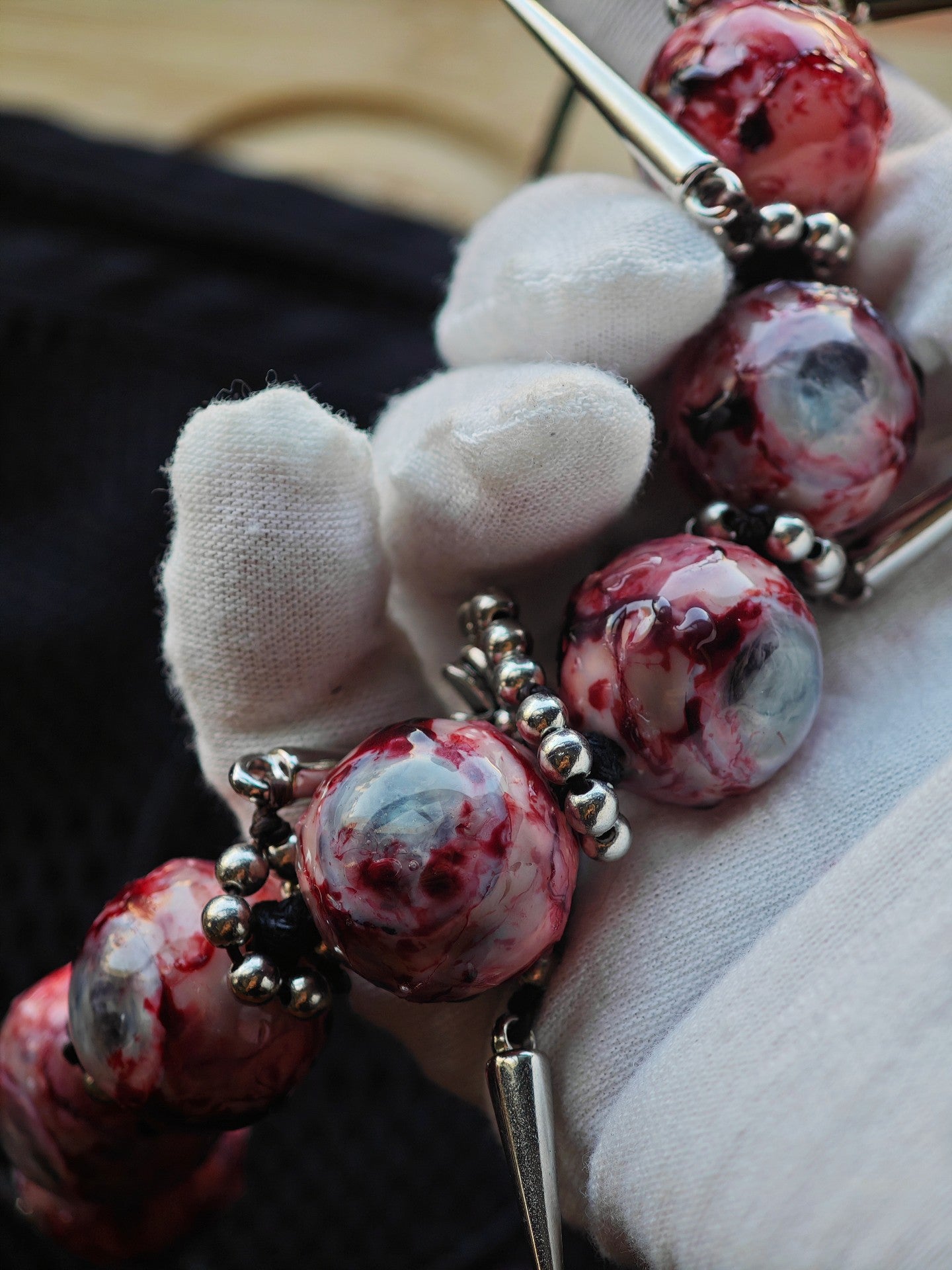 Cthulhu Eye Custom Clavicle Necklace with Resin Beads and Metal Spikes