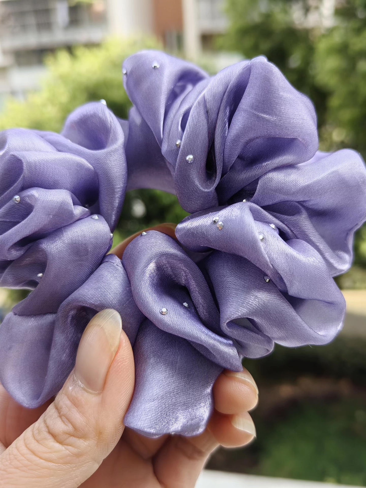 Lavender Satin Rhinestone Scrunchie