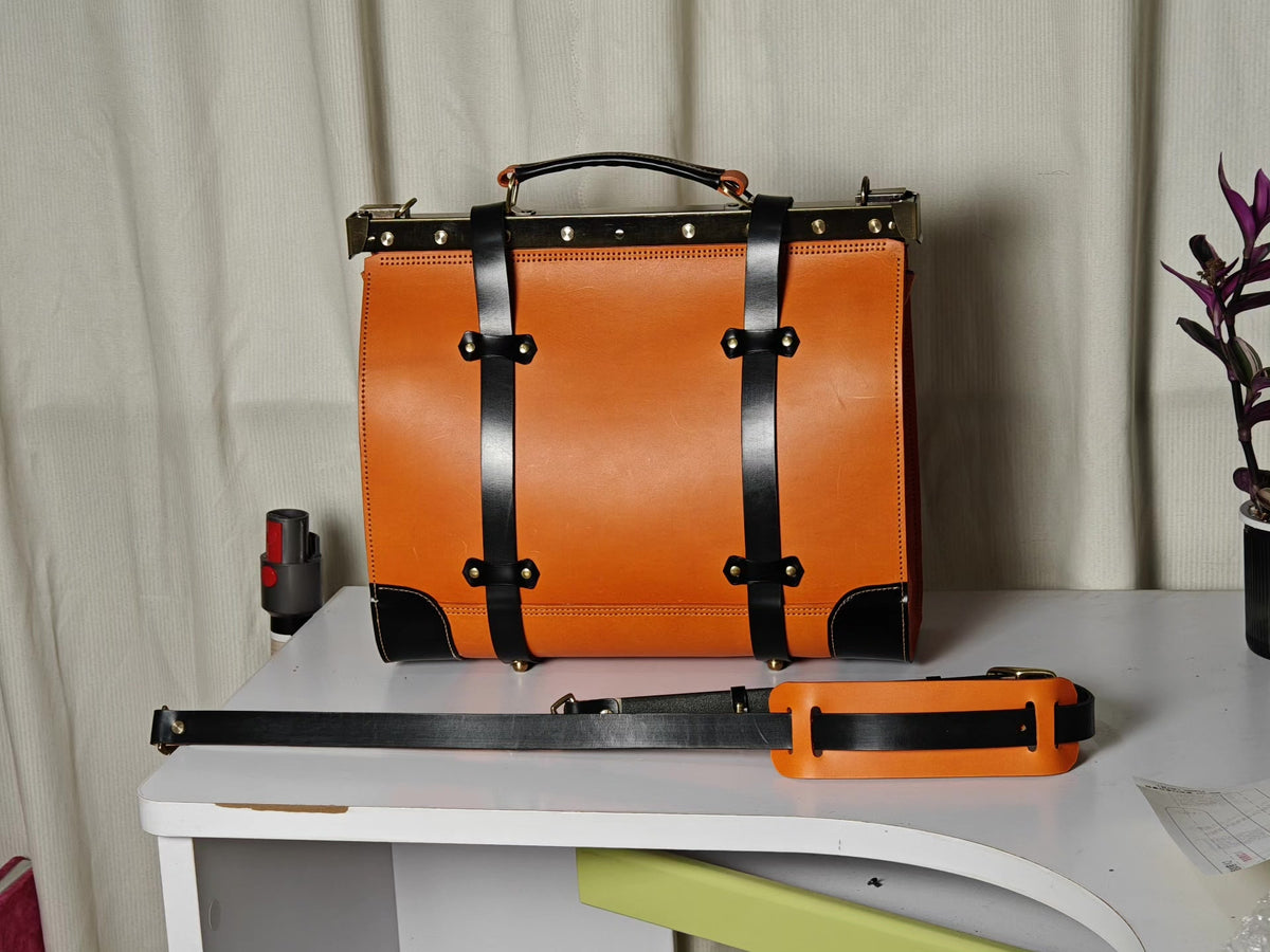 Orange Gladstone Bag with Black Leather Trim
