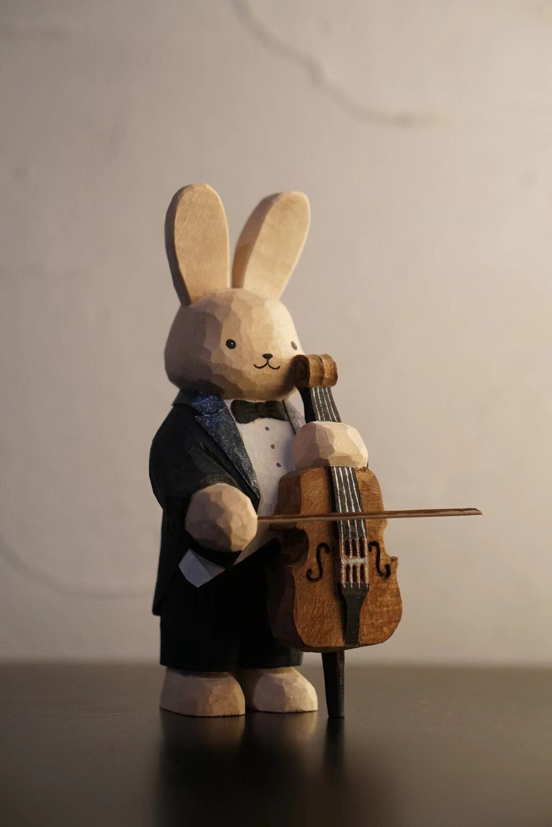 Hand-Carved Basswood Rabbit Cello Sculpture