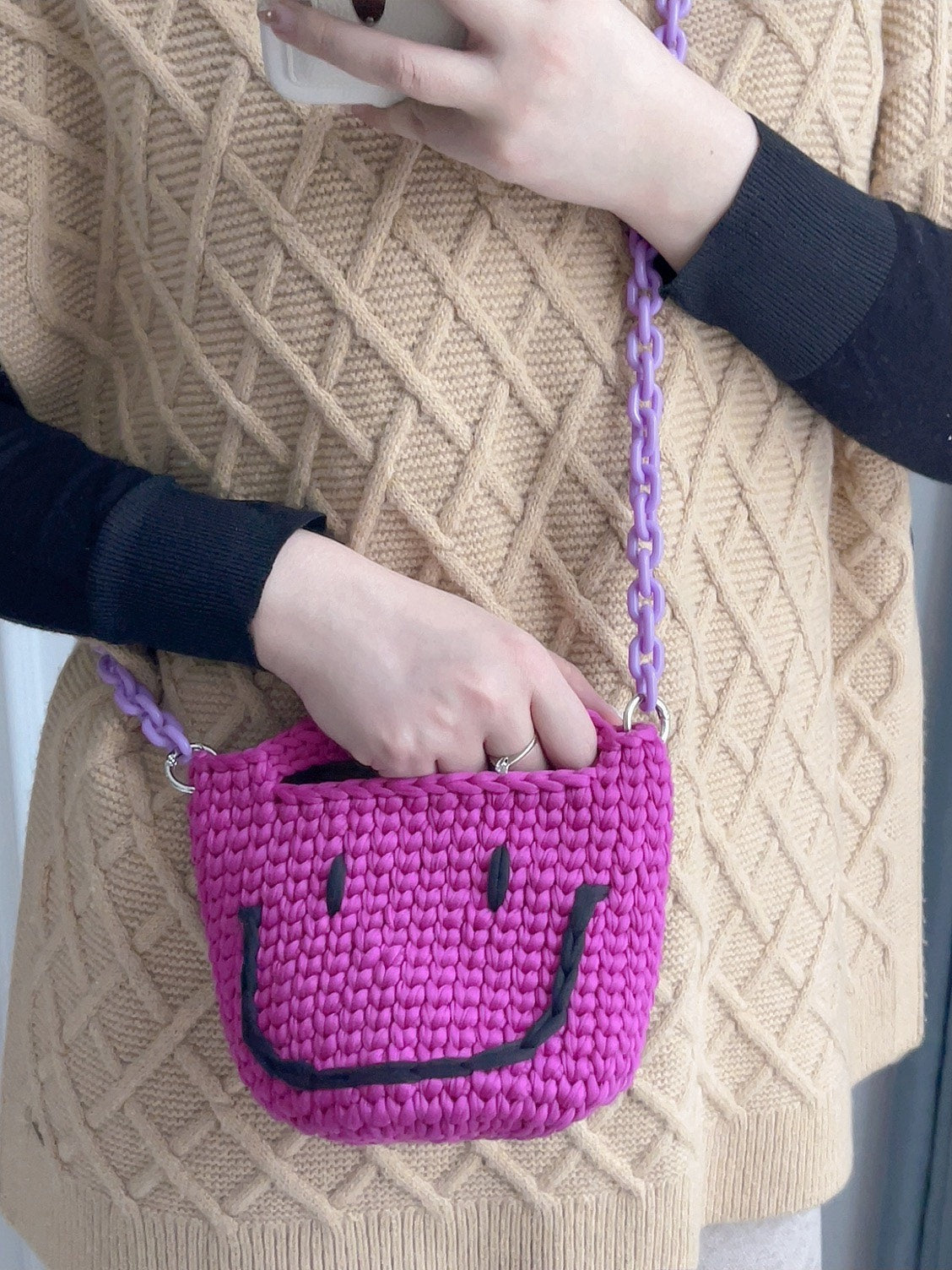 Handwoven Smiley Face Bag with Chain Strap
