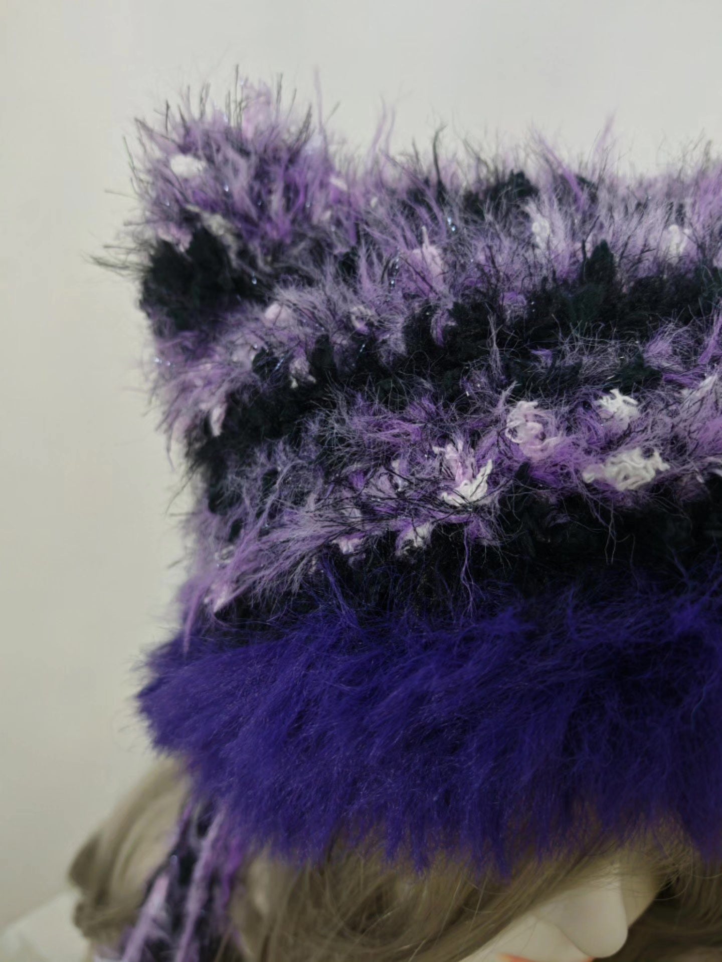 Black and Purple Cat Ear Hat with Detachable Tassels