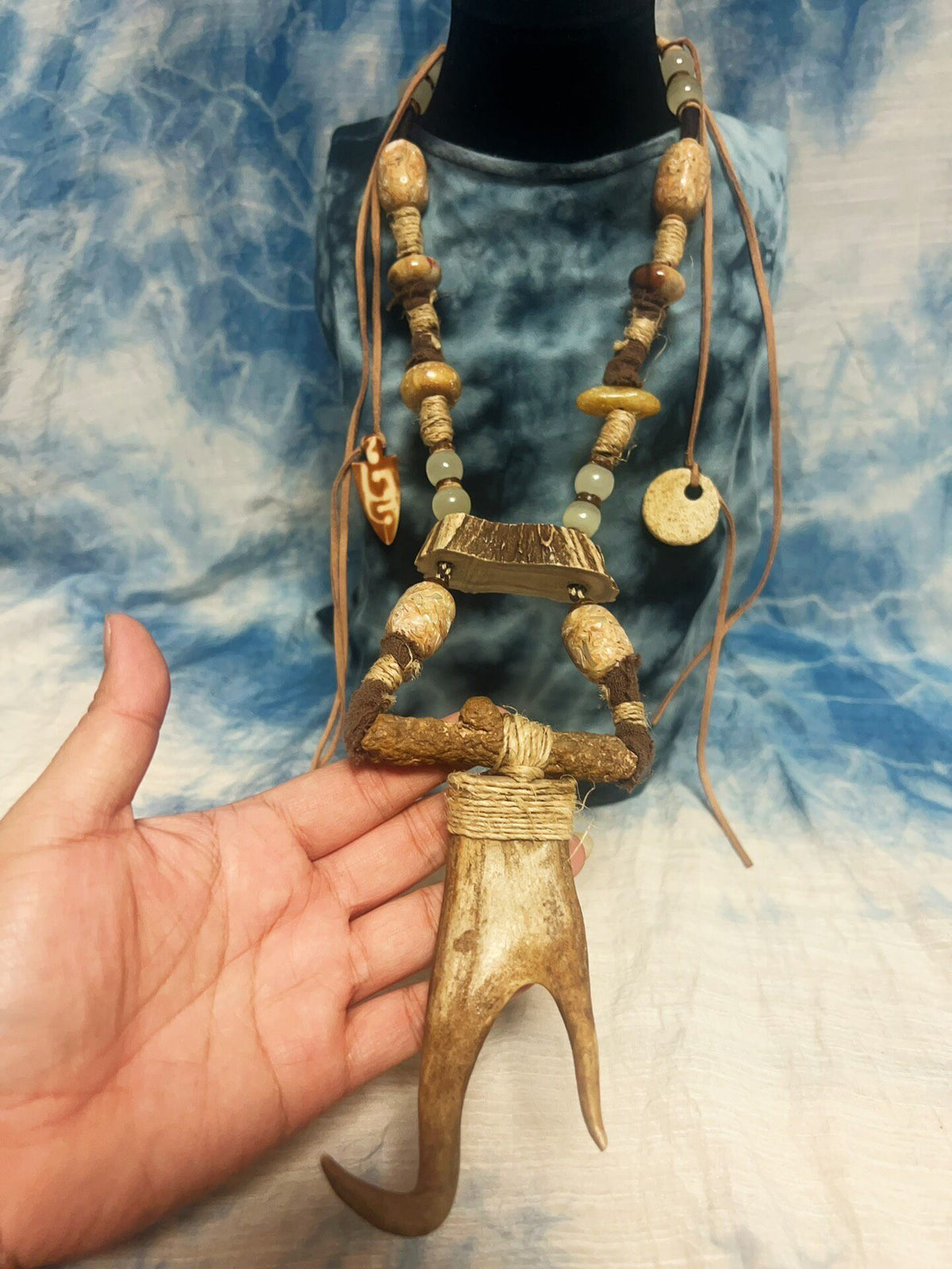 Handcrafted Antler and Jade Multi-Strand Necklace