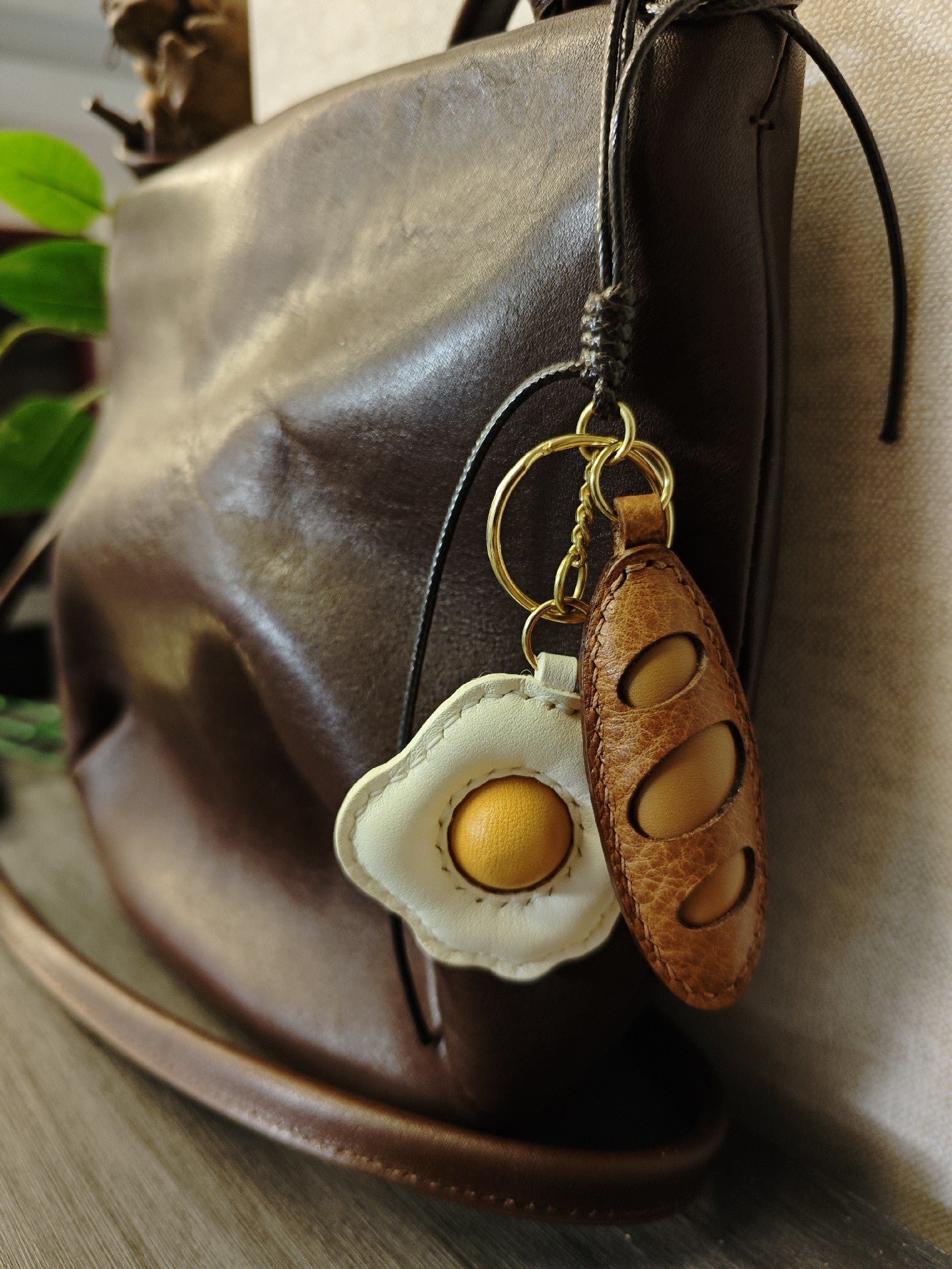 Handmade Leather Fried Egg and Baguette Keychain Set