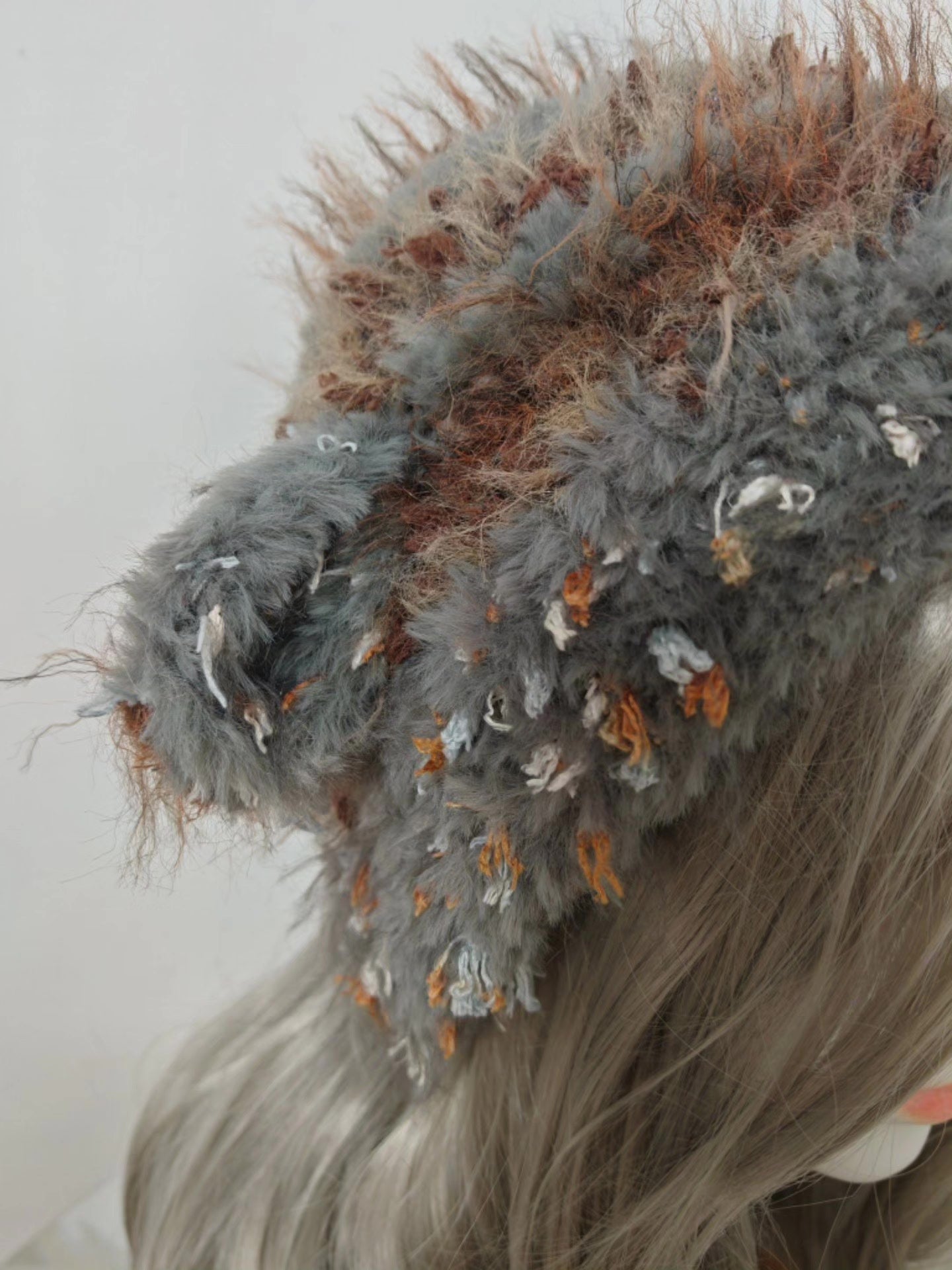 Gray and Beige Lamb Hat with Orange Pom-Poms