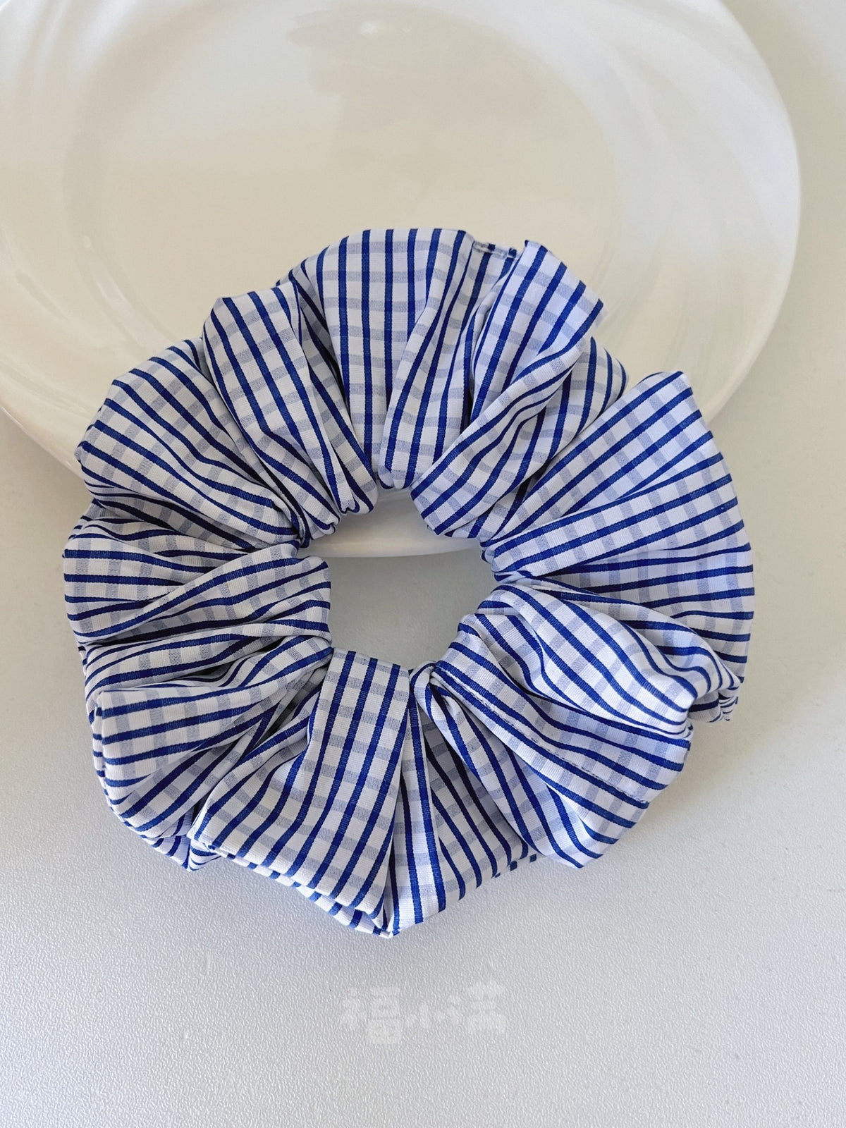 Navy Stripe Check Handmade Hair Scrunchie