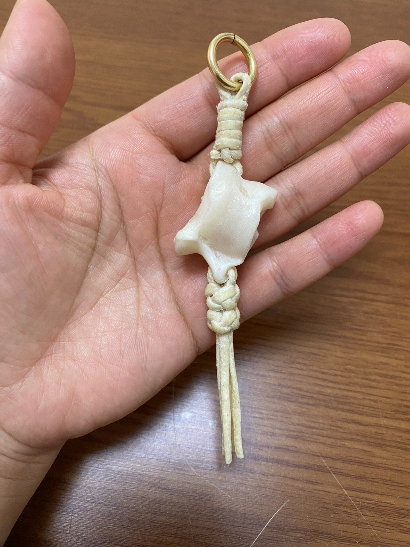 Handmade Sheepskin Rope Keychain with Carved Bone Ornament
