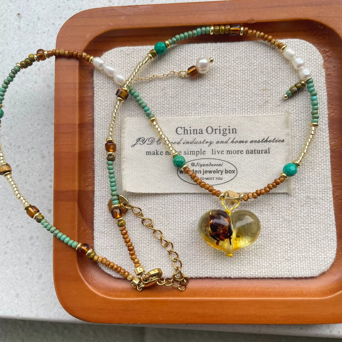 Natural Flower Amber Heart Necklace