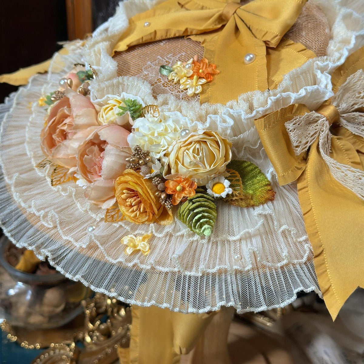 Lolita Straw Flat Hat with Lace Trim