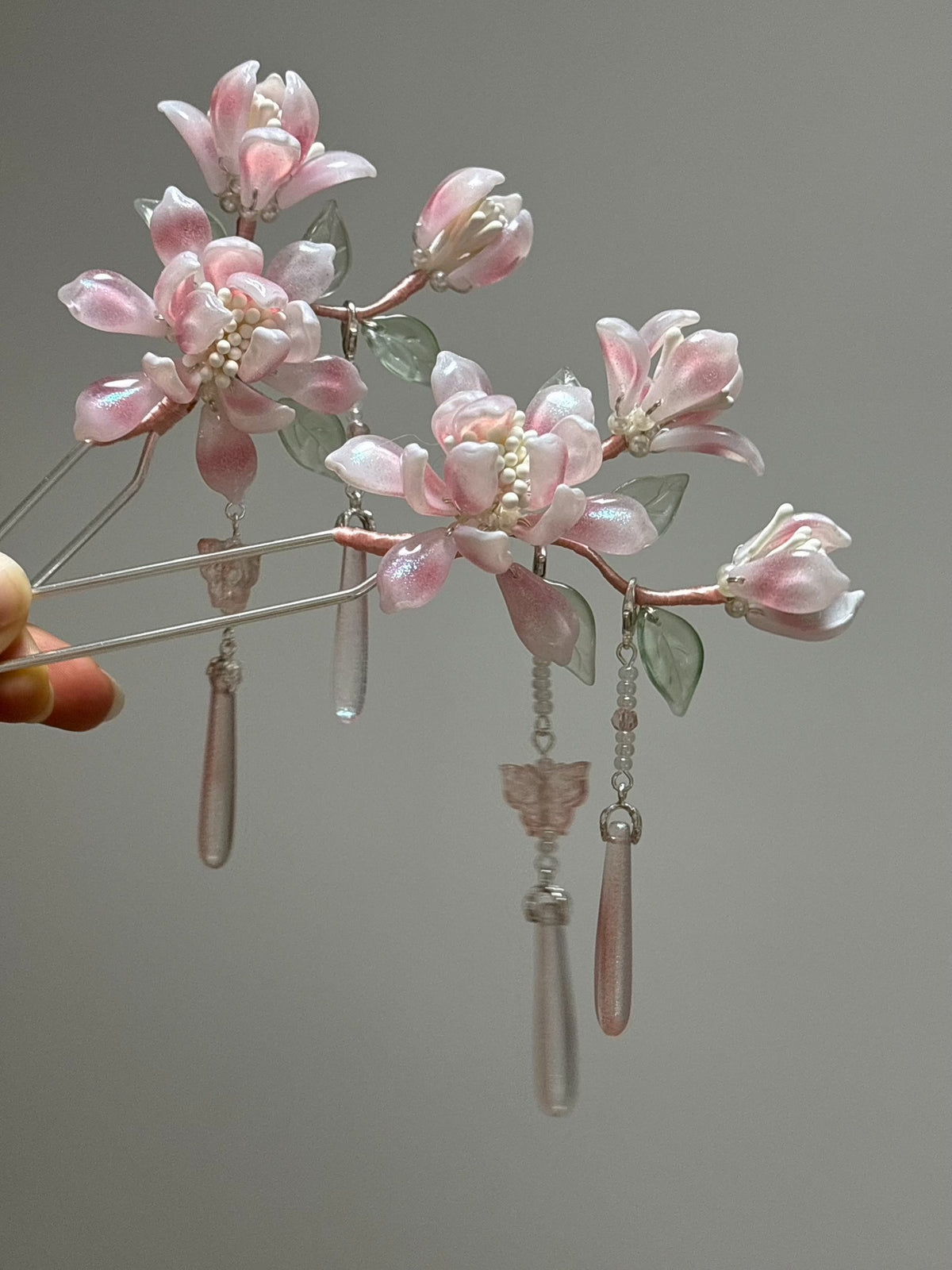 Pink Jade Magnolia Glazed Hairpin