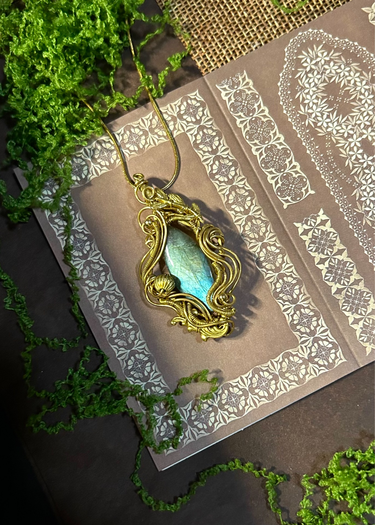 Labradorite Wire Wrapped Pendant Brass